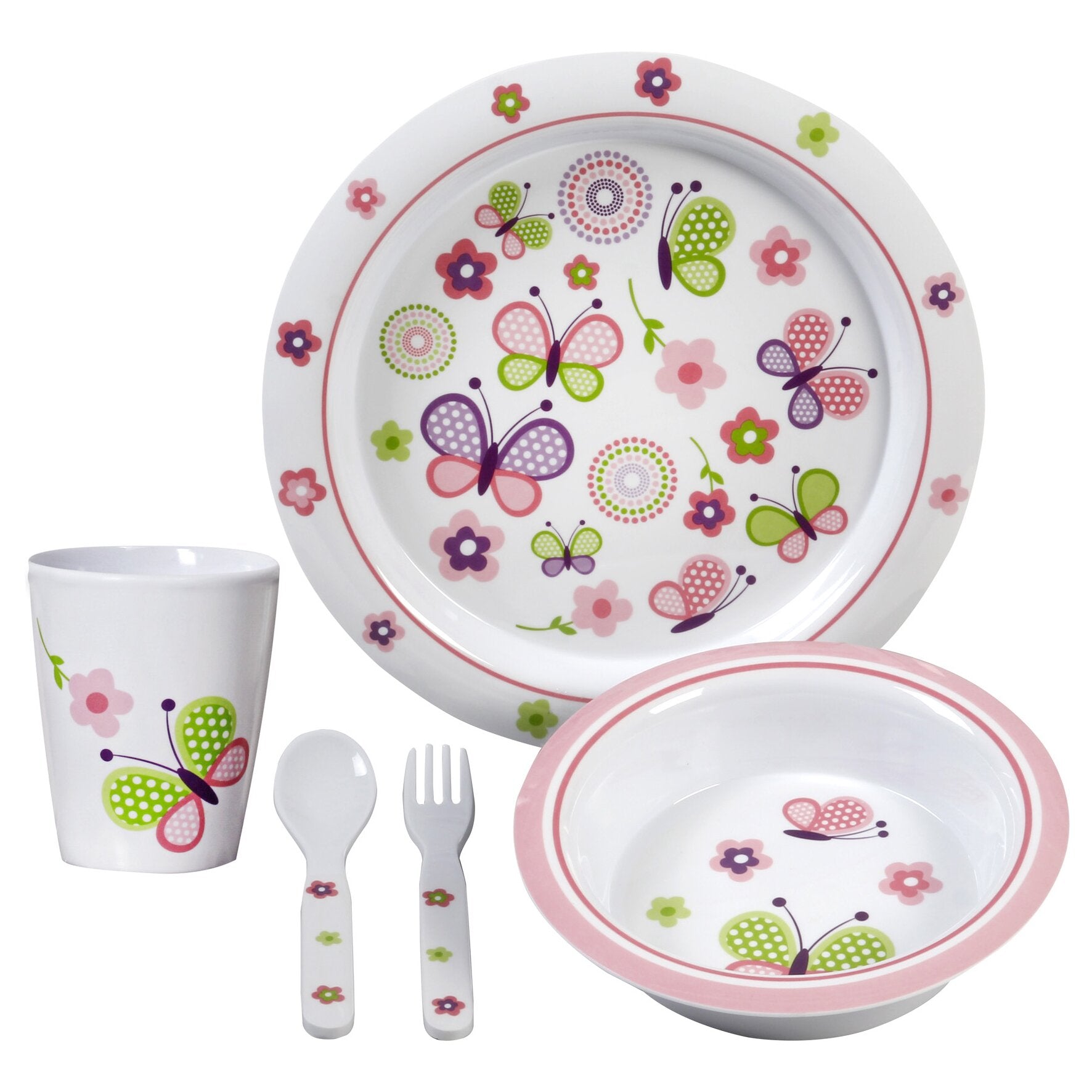 Butterfly-Geschirrset aus weißem Porzellan mit bunten Schmetterlingen und Blumen; Teller mit rosa Rand, Becher und Besteck im gleichen Muster
