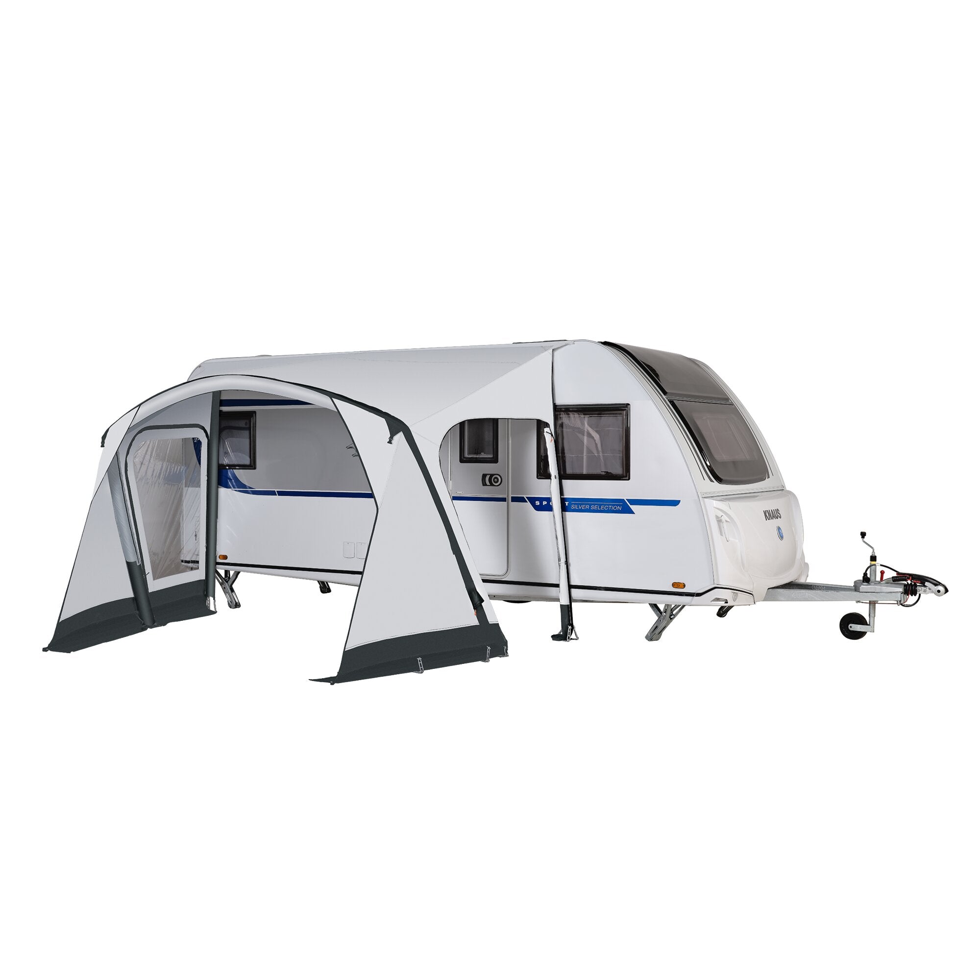Außenansicht eines Caravans mit ausgefahrenem grauen Sonnendach Quick'n Easy Air 385 und Vorzelt, seitliche Wände mit Fenstern, geöffnete Tür