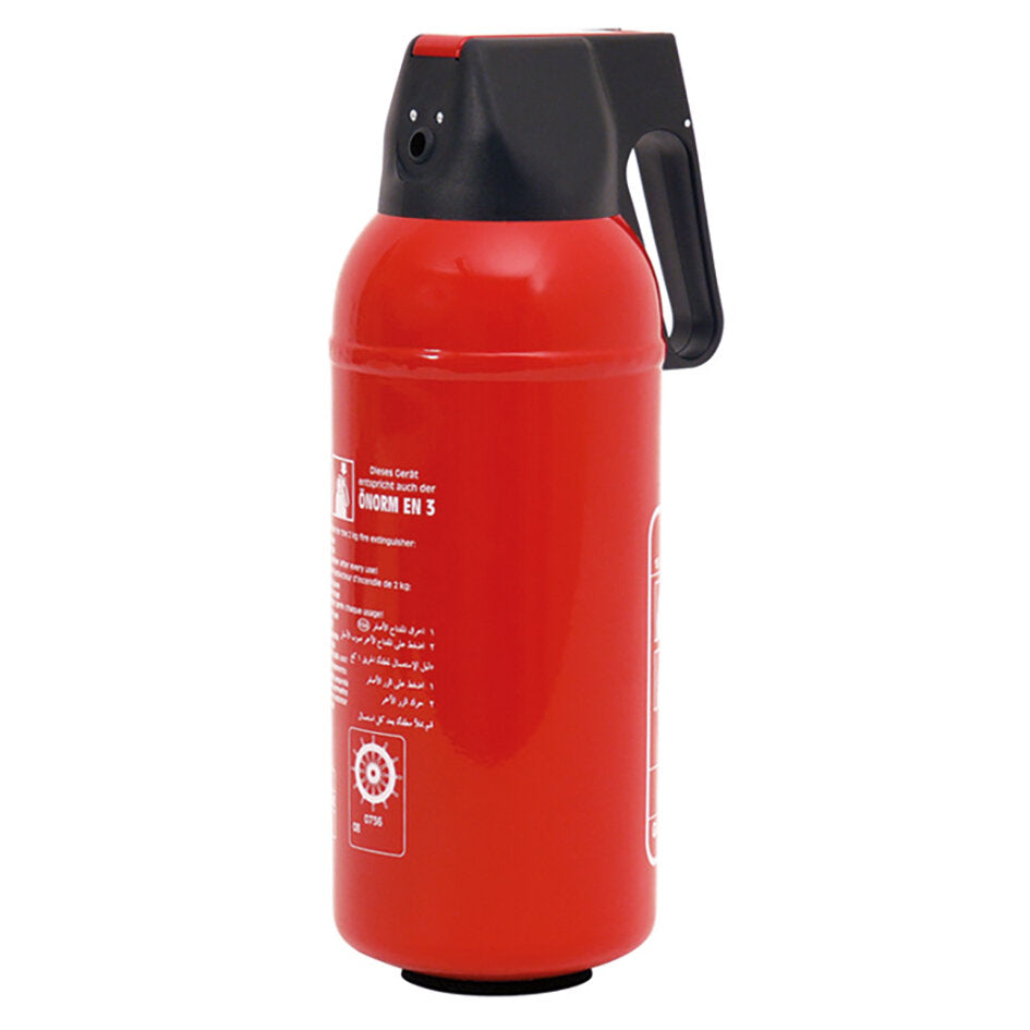 Roter Feuerlöscher in zylindrischer Form mit schwarzem Griff und schwarzer Oberseite, seitlich sichtbare Beschriftung, 2 kg