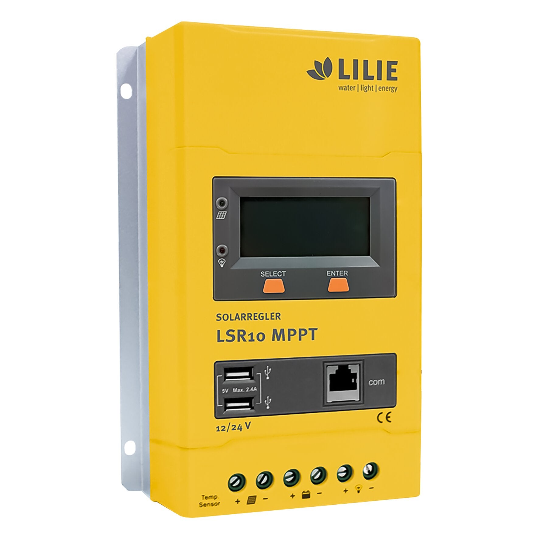 Gelber Solar-Laderegler MPPT LSR10 mit Display, zwei orange Tasten, USB-Ports und RJ45-Anschluss, mehrere Anschlussklemmen am unteren Rand