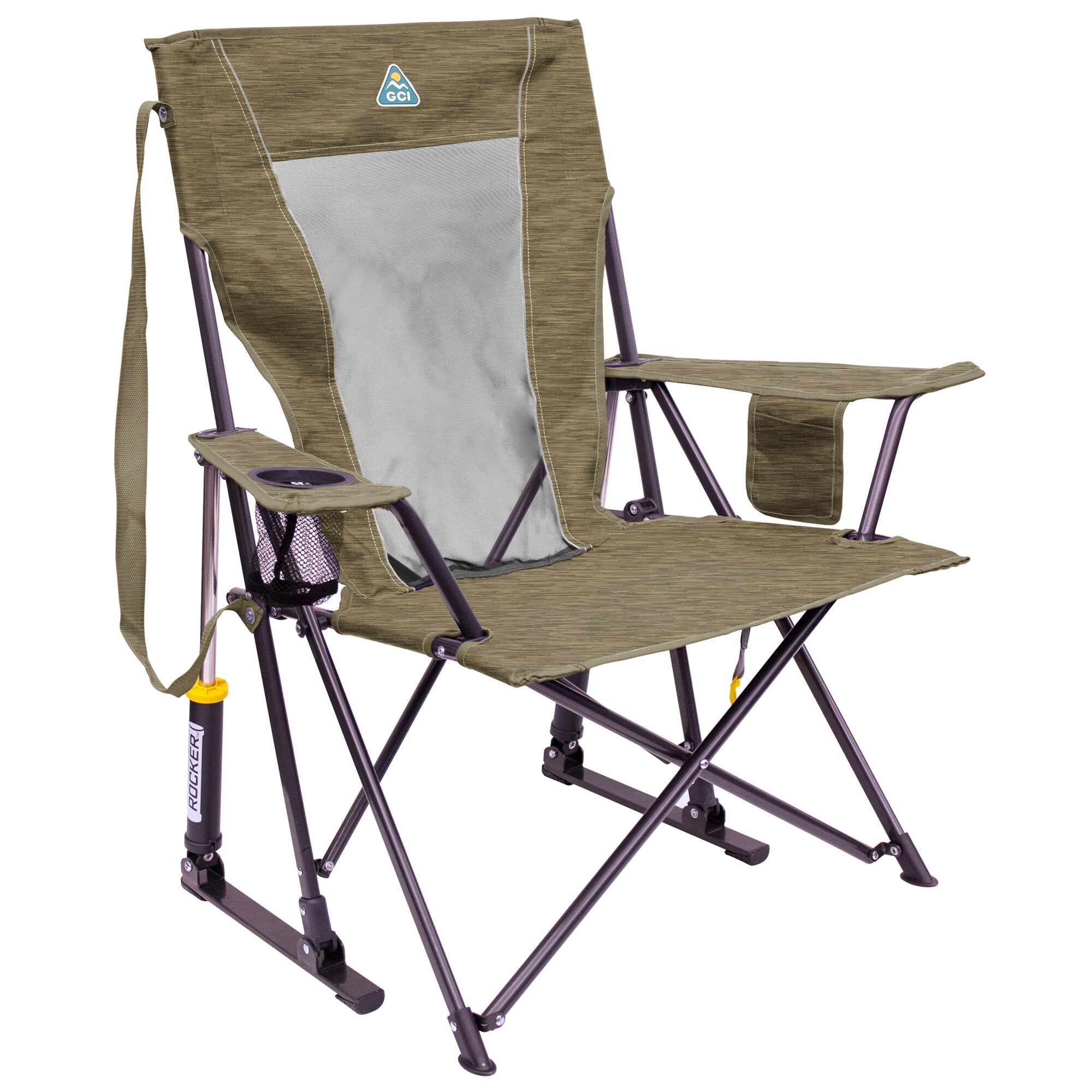 beiger Camping-Schaukelstuhl Comfort Pro Rocker XL mit Rückenlehne grau, violettes Gestell, Netztasche und Ablage mit Becherhalter