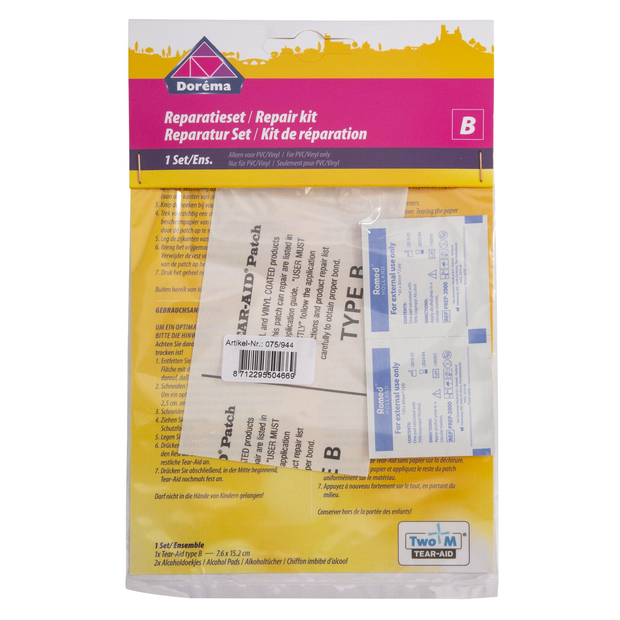 Verpackung des Tear-Aid Reparatursets Set B in Gelb und Magenta mit Doréma-Logo, Barcode und Beipackzettel sichtbar