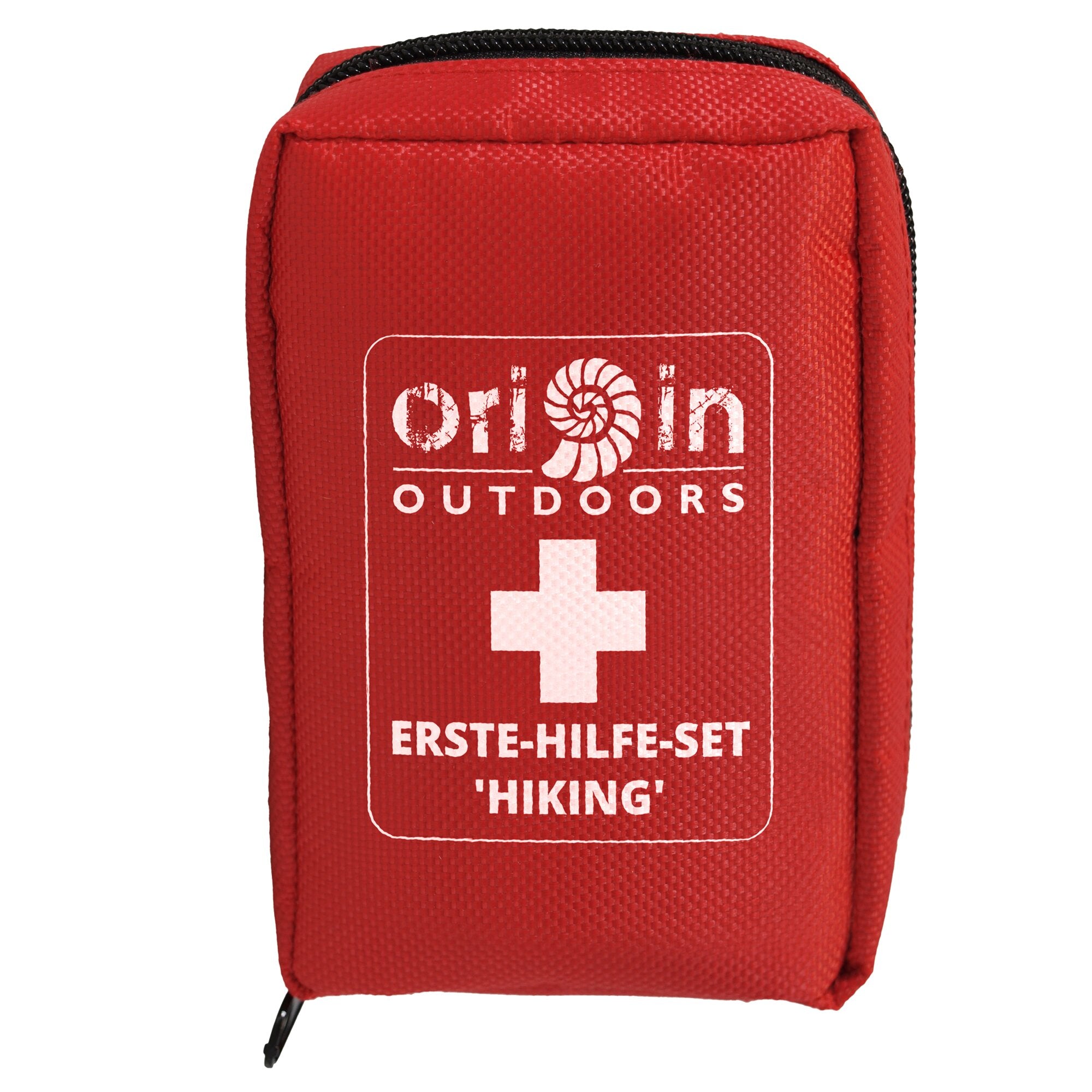 Kompaktes rotes Erste-Hilfe-Set Hiking aus Nylon mit schwarzem Reißverschluss, weißem Kreuzsymbol und der Aufschrift Erste Hilfe Hiking