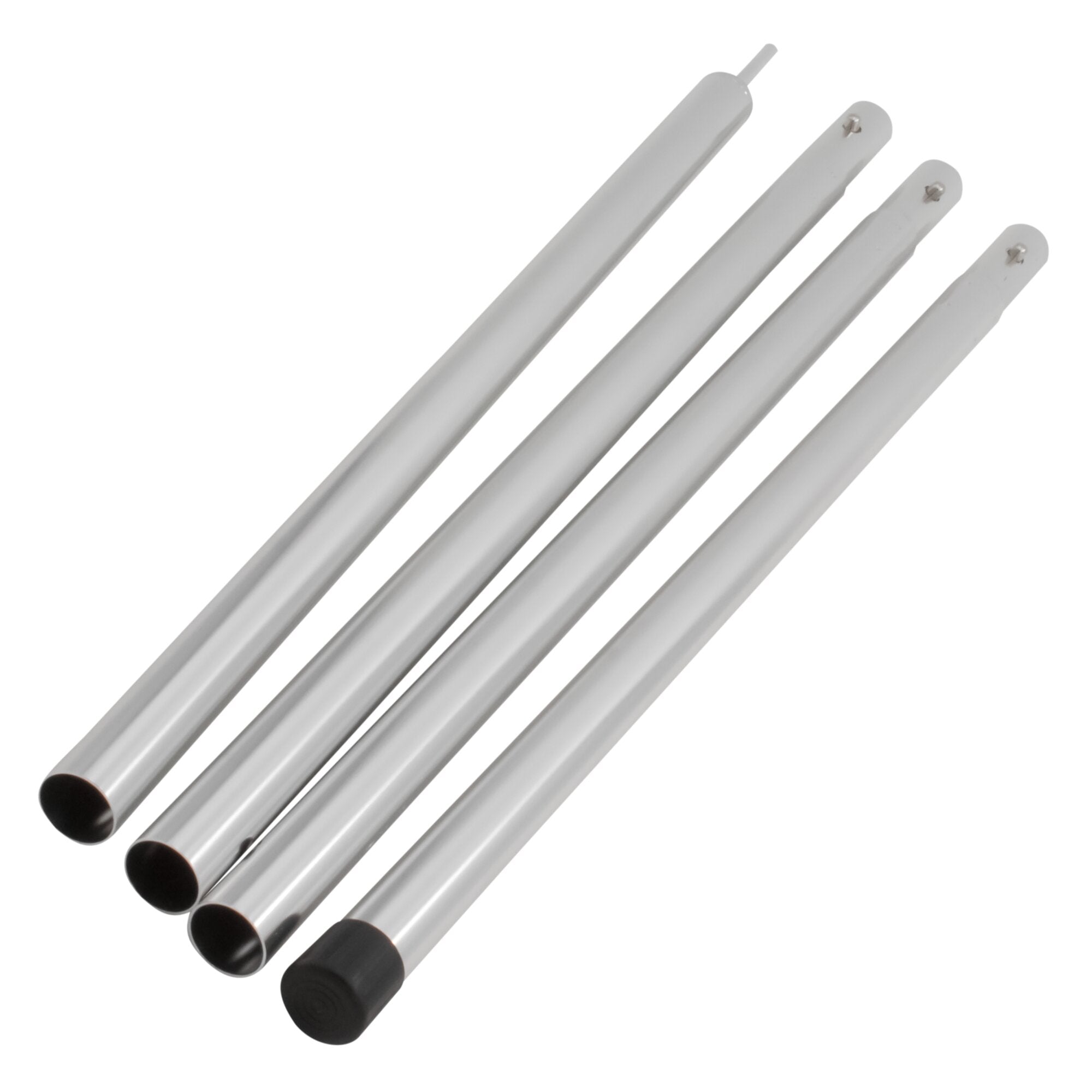 Mehrere silberne Aluminium-Aufstellstangen Ø22 mm, ca. 180 cm lang, mit dunkelbraunen Endkappen, diagonal angeordnet