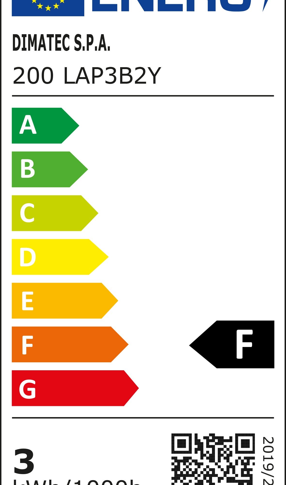 EU-Energiekennzeichnung für Vorzeltleuchte; vertikale farbige Pfeile A bis G, Modell 200 LAP3B2Y, QR-Code unten rechts