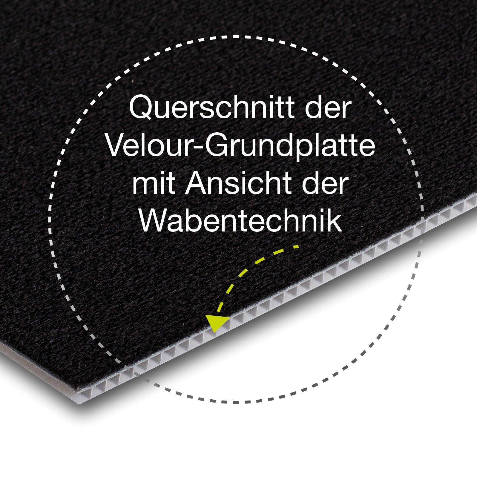 Querschnitt einer Velour-Grundplatte mit Wabentechnik: Schwarze Velour-Oberfläche, heller Waben-Kern am Kantenbereich sichtbar