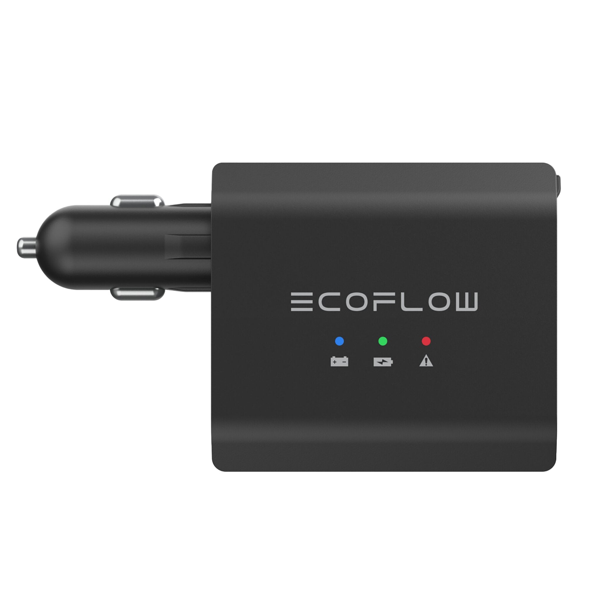 Nahe Aufnahme eines schwarzen Kfz-Batterieladegeräts mit Zigarettenanzünder-Stecker, ECOFLOW-Logo, drei LED-Indikatoren blau grün rot und Warnsymbole Akku Blitz