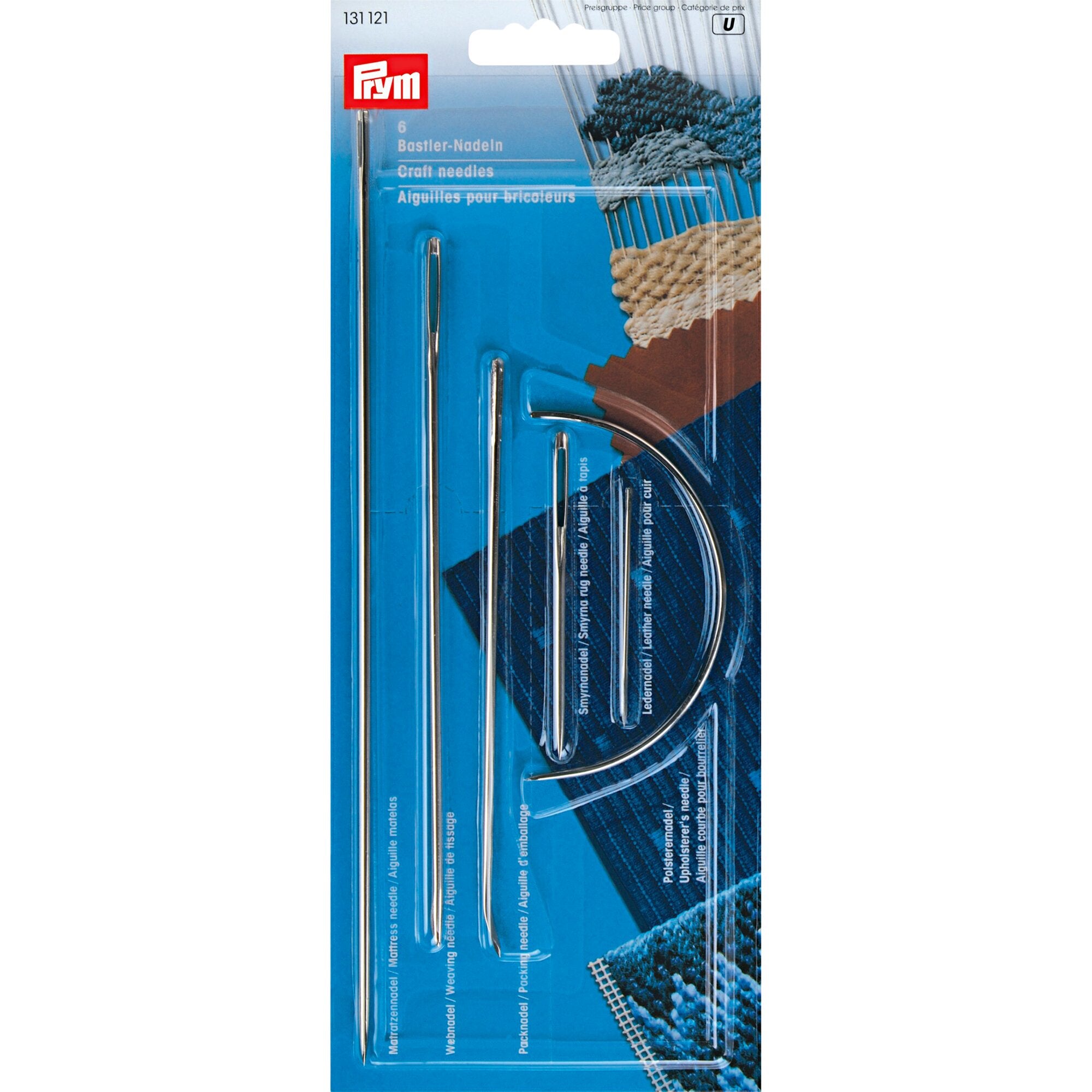 Verpackung eines Prym Bastel-Nadeln Sortiments S mit sechs Metallnadeln vor blauem Hintergrund und rotem Prym-Logo