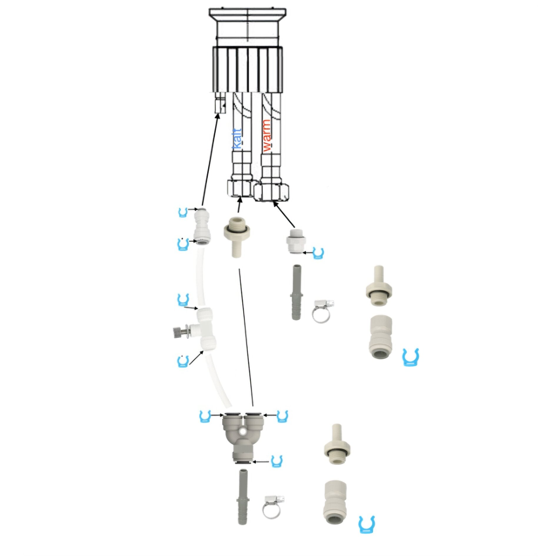 Explosionszeichnung eines Installations-Sets für den UVC-Wasserhahn Zapfguard 3 mit farblich markierten Kalt- und Warmleitungen sowie Verbindungsstücken