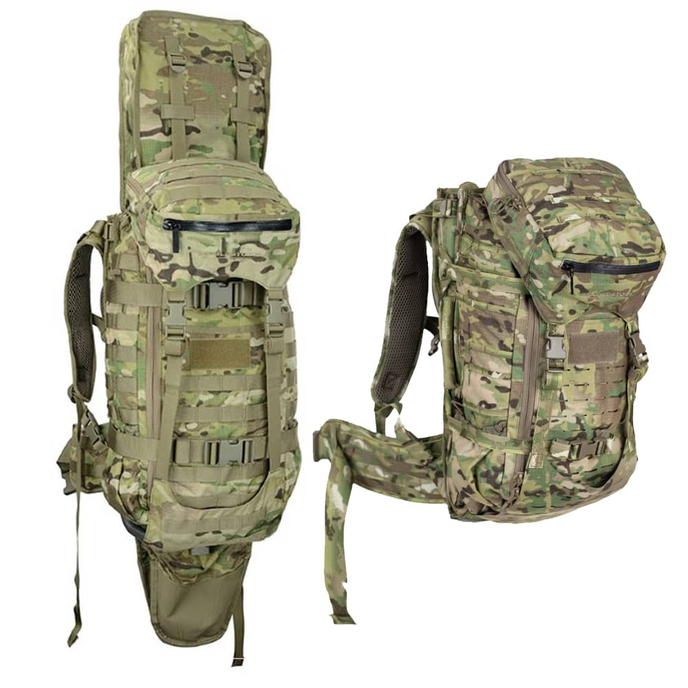 Eberlestock G2 Gunslinger II Multicam – Vorder- und Rückenansicht mit Tragesystem