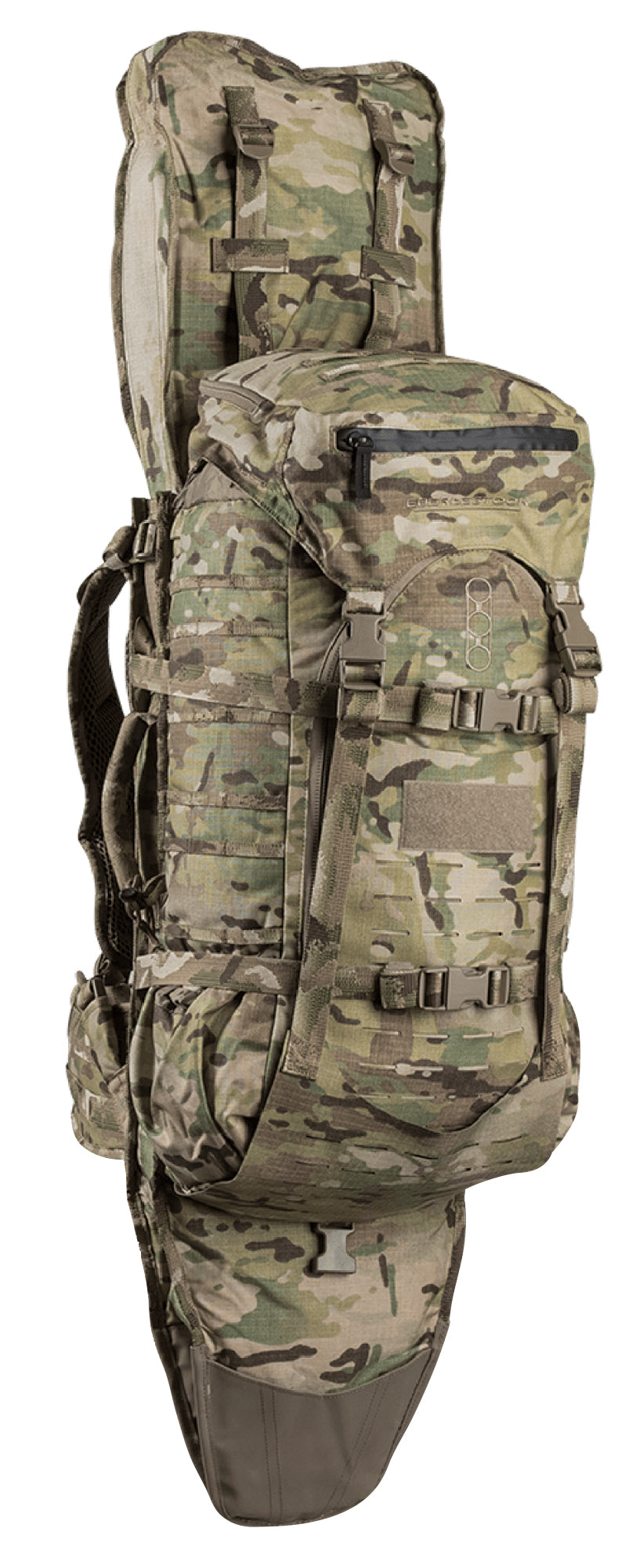 Eberlestock G2 Gunslinger II Multicam – Frontansicht mit MOLLE und Kompressionsriemen