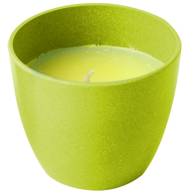 Citronella-Kerze in grünem Becher mit gelbem Wachs, sichtbarem Docht und natürlichem Citronella-Öl