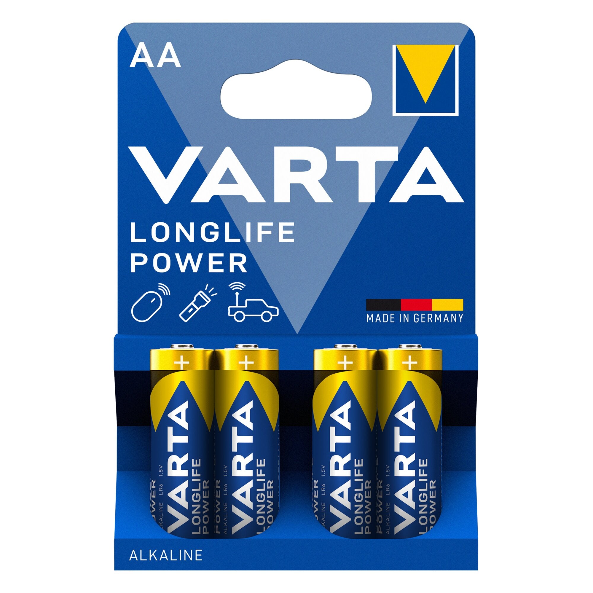 Verpackung von AA-Batterien Longlife Power von VARTA, blaue Verpackung mit Logo LONG LIFE POWER und Made in Germany, unten sichtbare gelb-goldene AA-Batterien