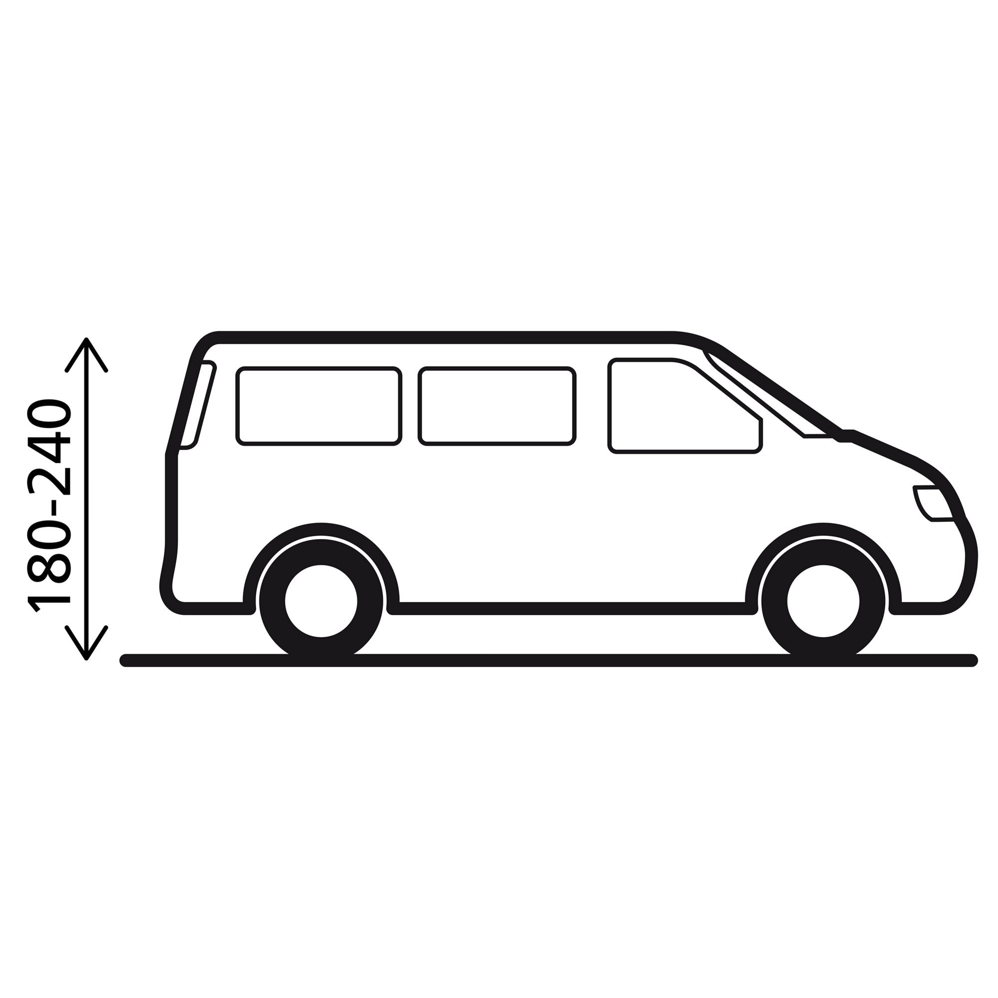 Schwarz-weißes Linienbild eines Bus-ähnlichen Fahrzeugs in Seitenansicht mit Fenstern und zwei Rädern, daneben eine vertikale Maßangabe 180–240