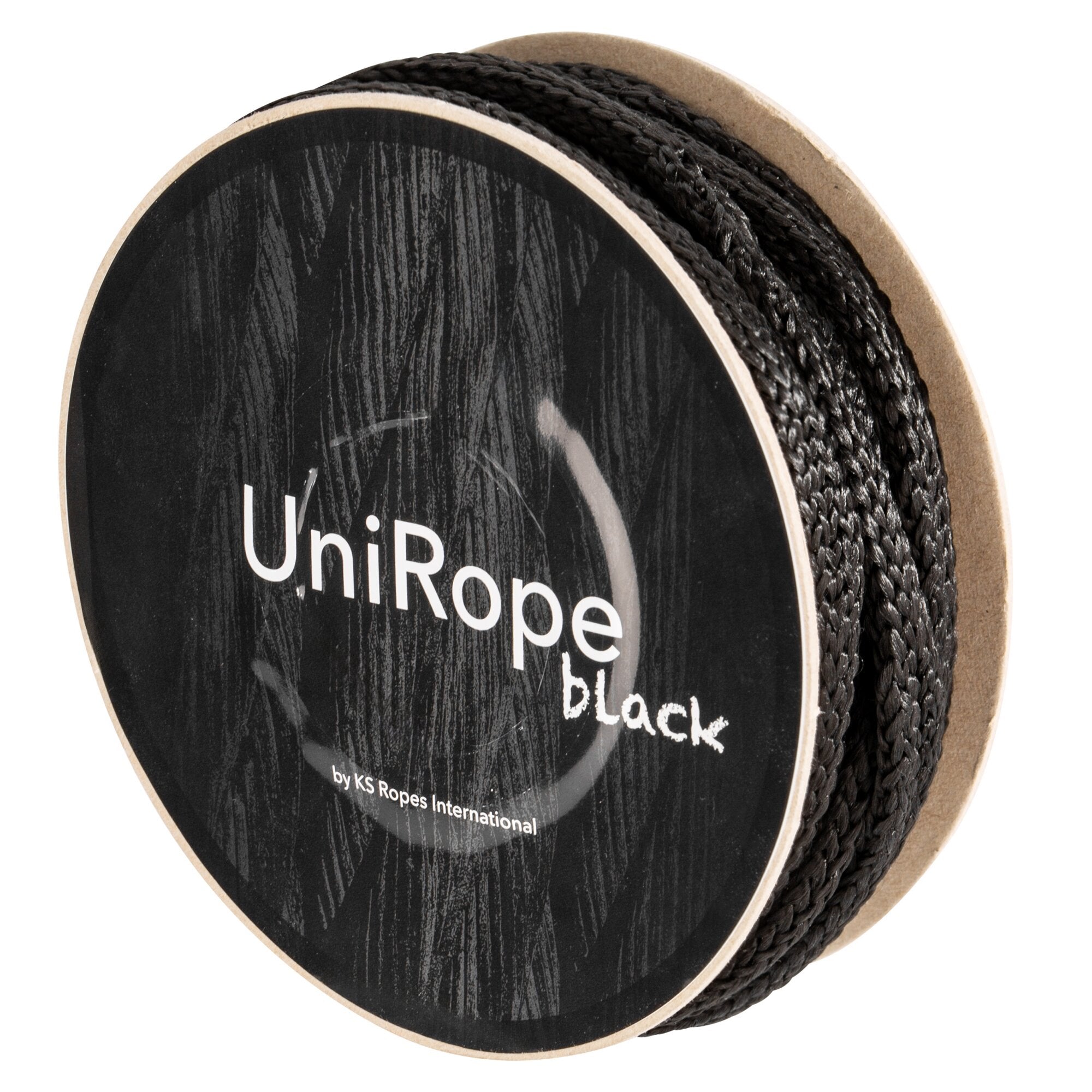 Nahaufnahme eines schwarzen geflochtenen Universalseils auf einer runden Kartonspule mit beige Rand und sichtbarem UniRope Schriftzug