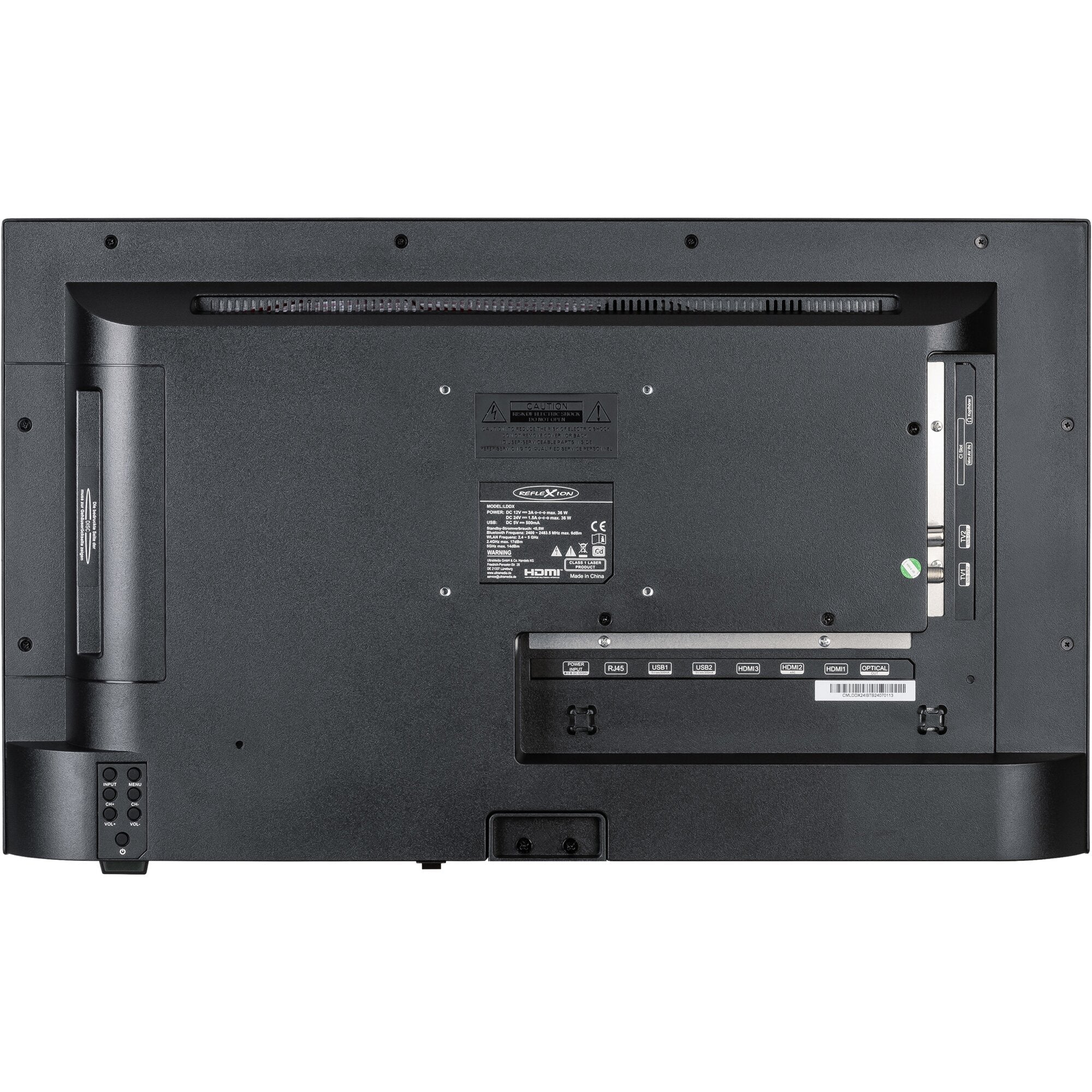 Rückseite eines schwarzen 22-Zoll Fernsehers; unten rechts sichtbares Anschlussfeld mit HDMI-, USB- und RJ45-Anschlüssen, optischem Ausgang und Netzanschluss