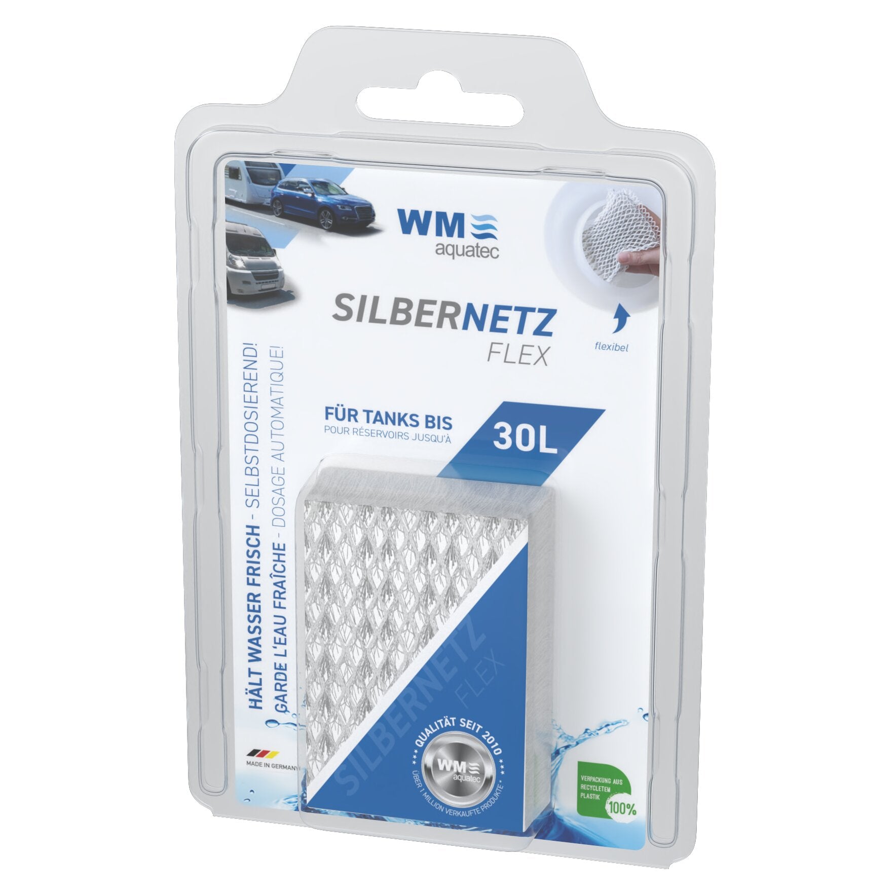 Transparente Blisterverpackung mit Silbernetz Flex für Tanks bis 30 L, sichtbares Mesh-Filterelement und WM aquatec Logo