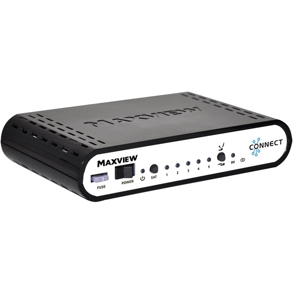 Schwarzes Satellitenempfangsgerät mit weißer Frontblende, MAXVIEW links, CONNECT rechts, FUSE- und POWER-Schalter, LED-Reihe mit SAT 1–5 und OK