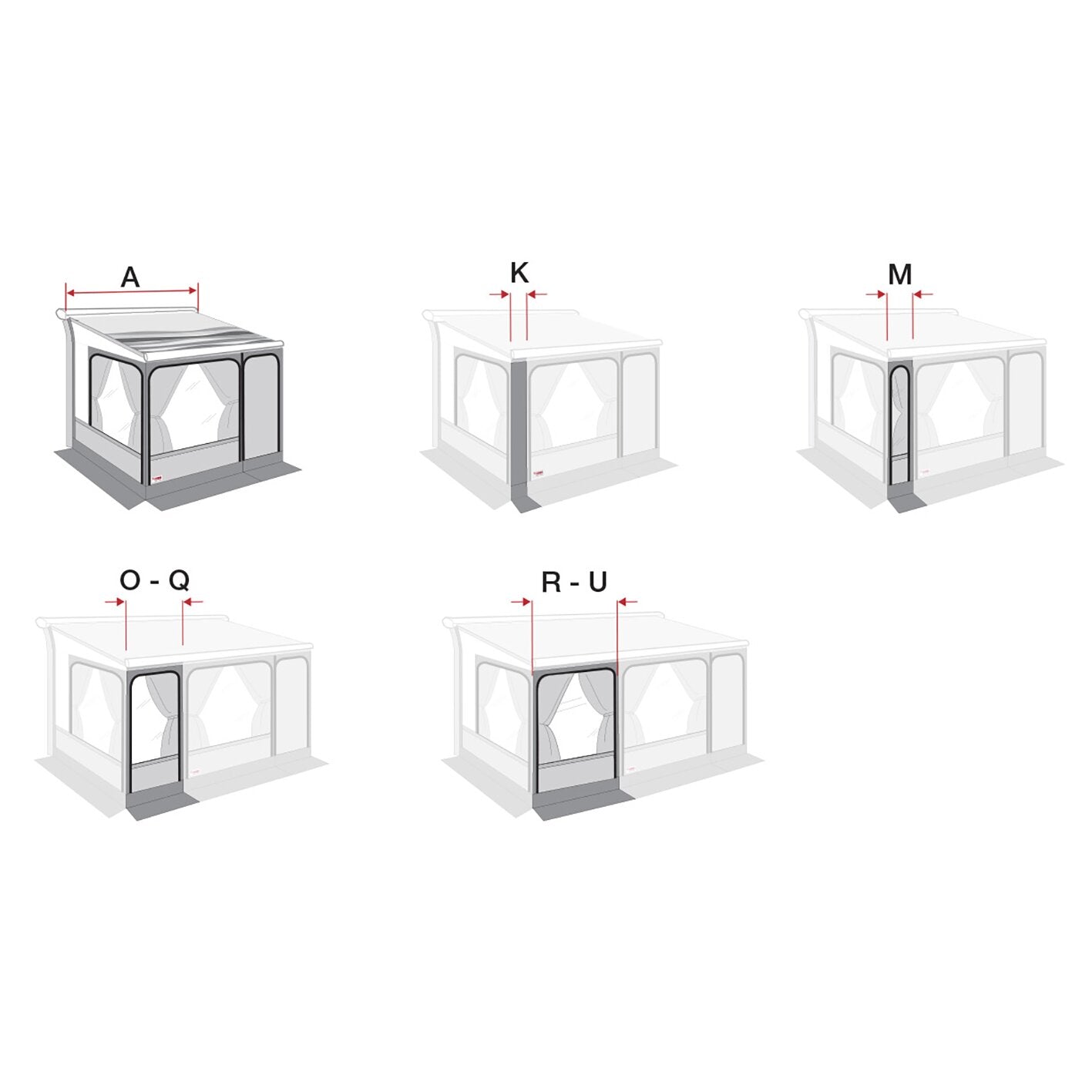 Sechs Diagramm-Ansichten der Privacy Room Frontpanele 130 – Rahmen, transparente Seitenwände und rote Maßmarken A, K, M, O-Q und R-U
