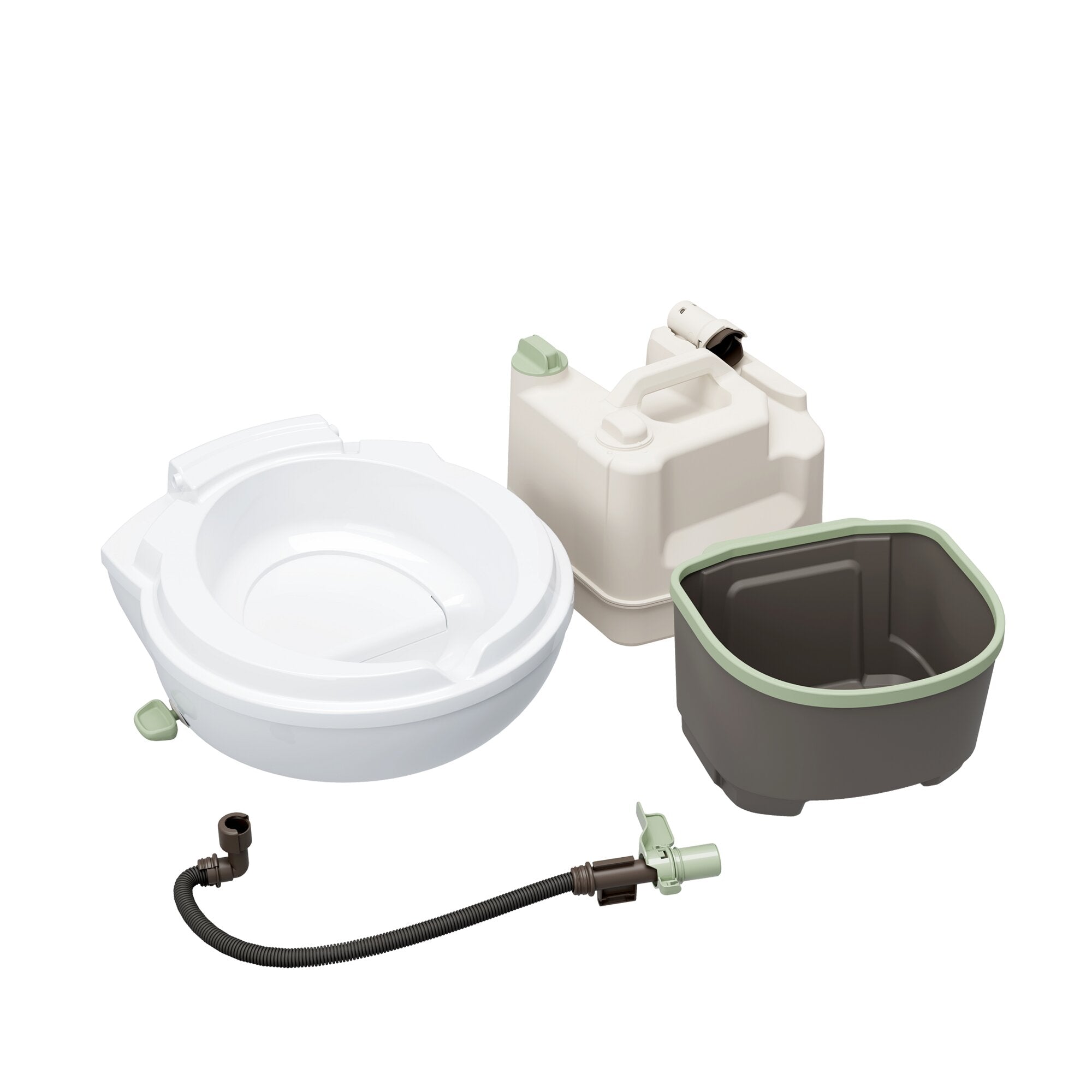 Umrüstkit zur Trenntoilette SK260: weiße Toilettenschüssel, beige Behälter mit grünem Deckel, grauer Behälter, Schlauch und Anschlüsse