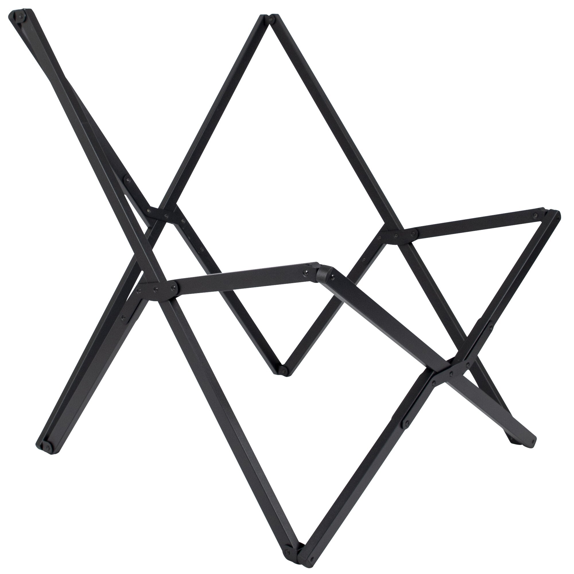 Detail eines schwarzen Metallrahmens eines klappbaren Relaxsessels mit Kreuzverbindungen, Bolzen und Gelenken