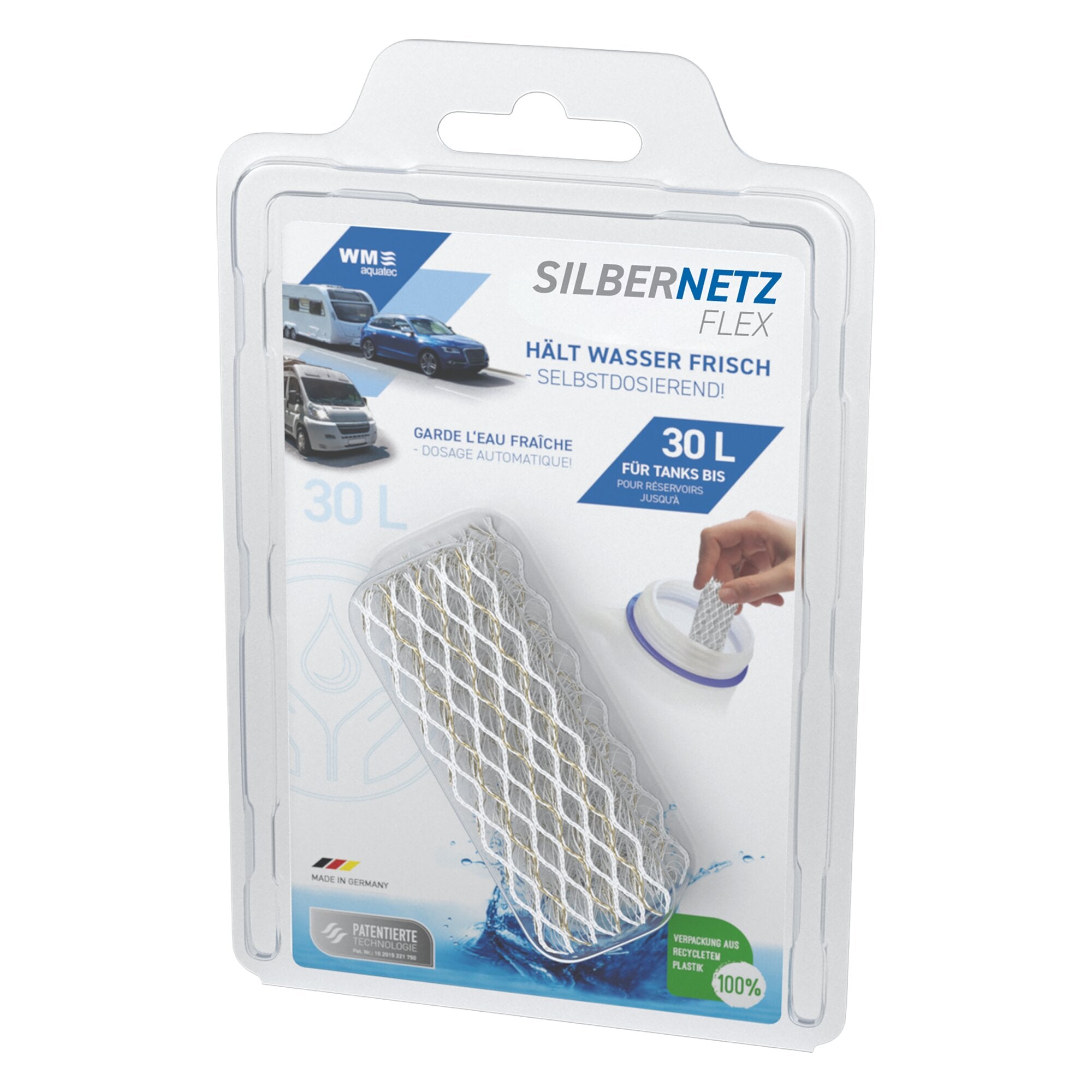 Transparente Kunststoffverpackung mit weißem Netzgeflecht; Beschriftung SILBERNETZ FLEX, 30 L, Made in Germany, Wasser- und Fahrzeuggrafik