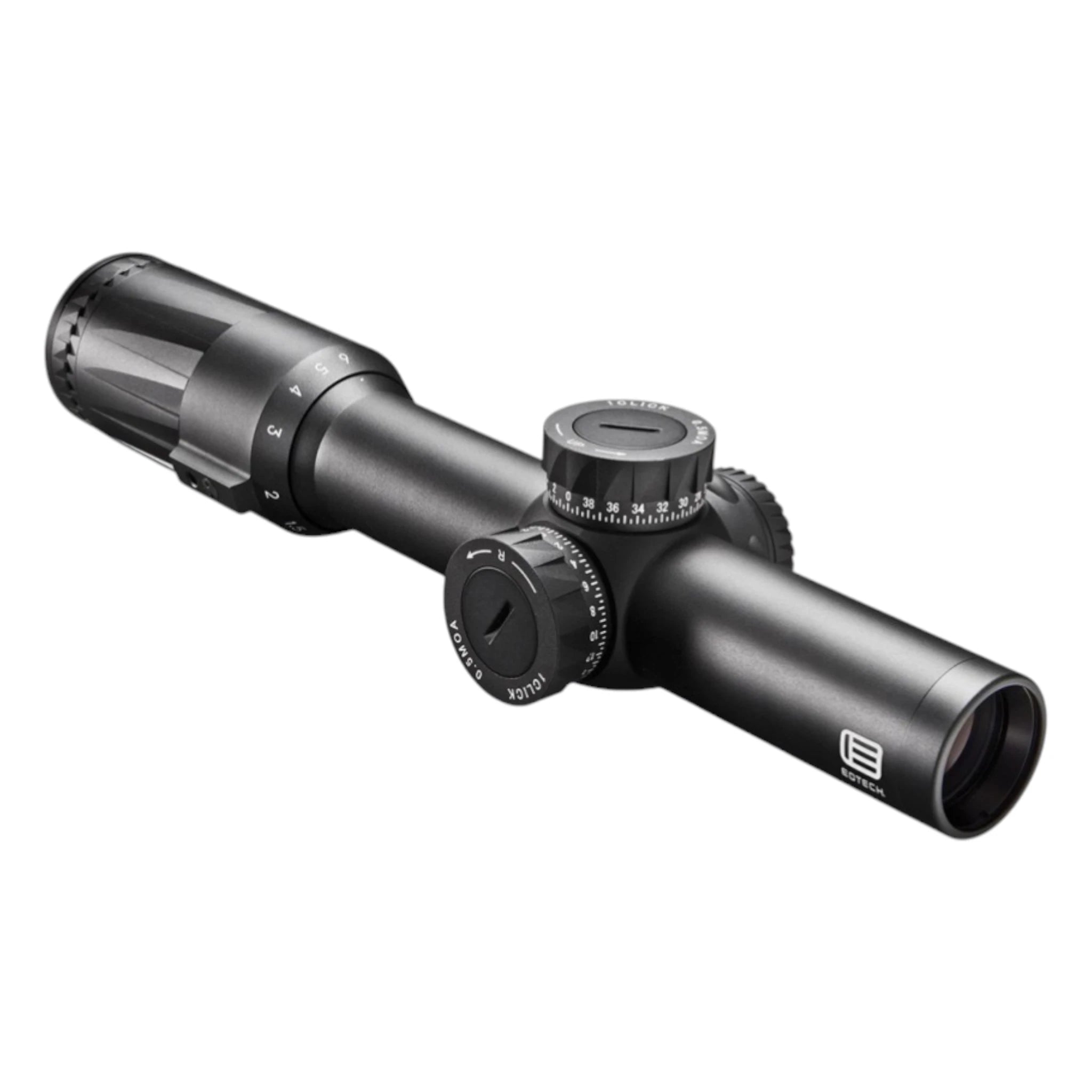 Schwarzes EOTECH Vudu 1-6x24 FFP Zielfernrohr mit kompaktem Tubus, seitlicher Verstellknopf und Beleuchtungsoption,.