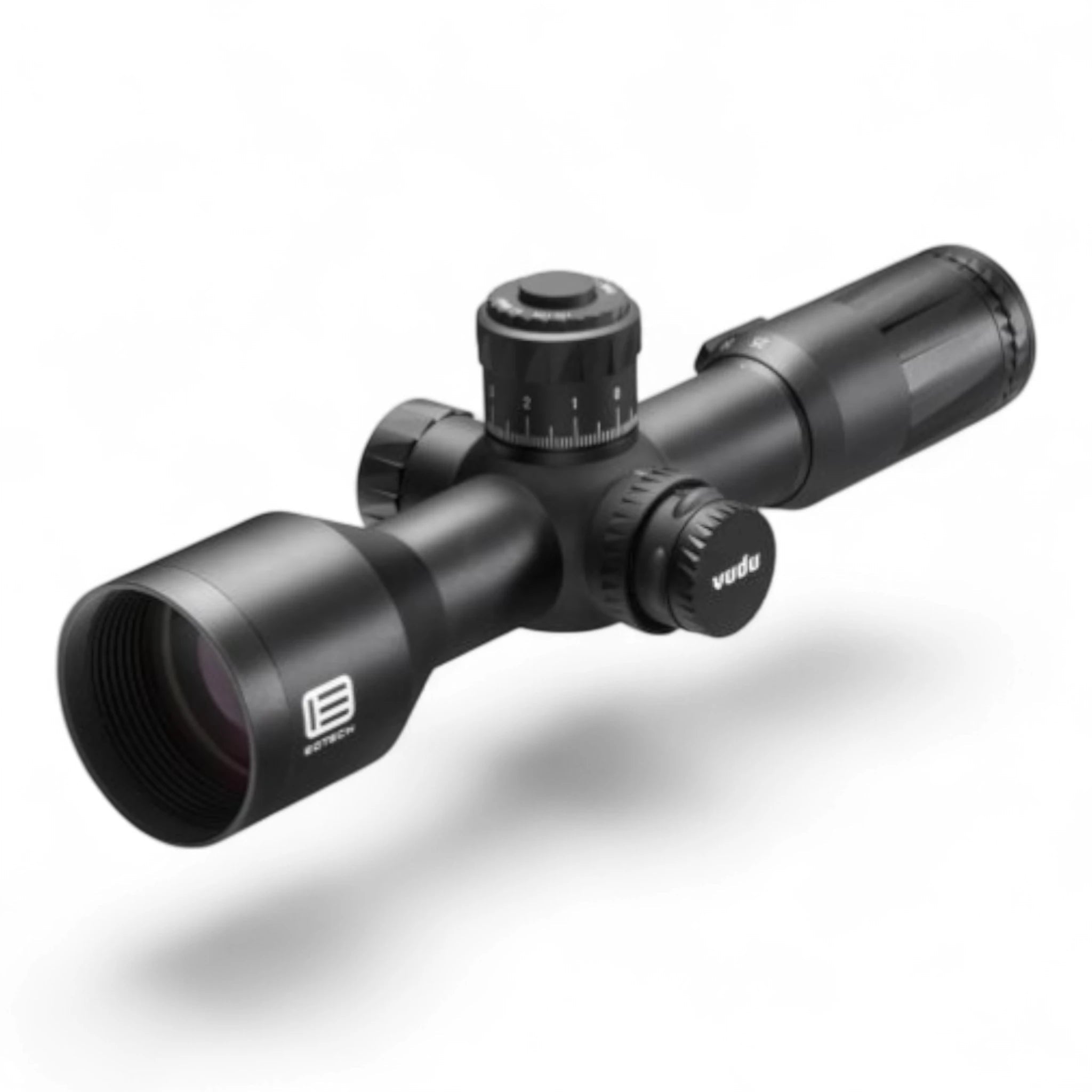 Schwarzes EOTECH Vudu 5-25x50 Zielfernrohr mit großen Einstelltürmen und mattem Gehäuse aus Metall.