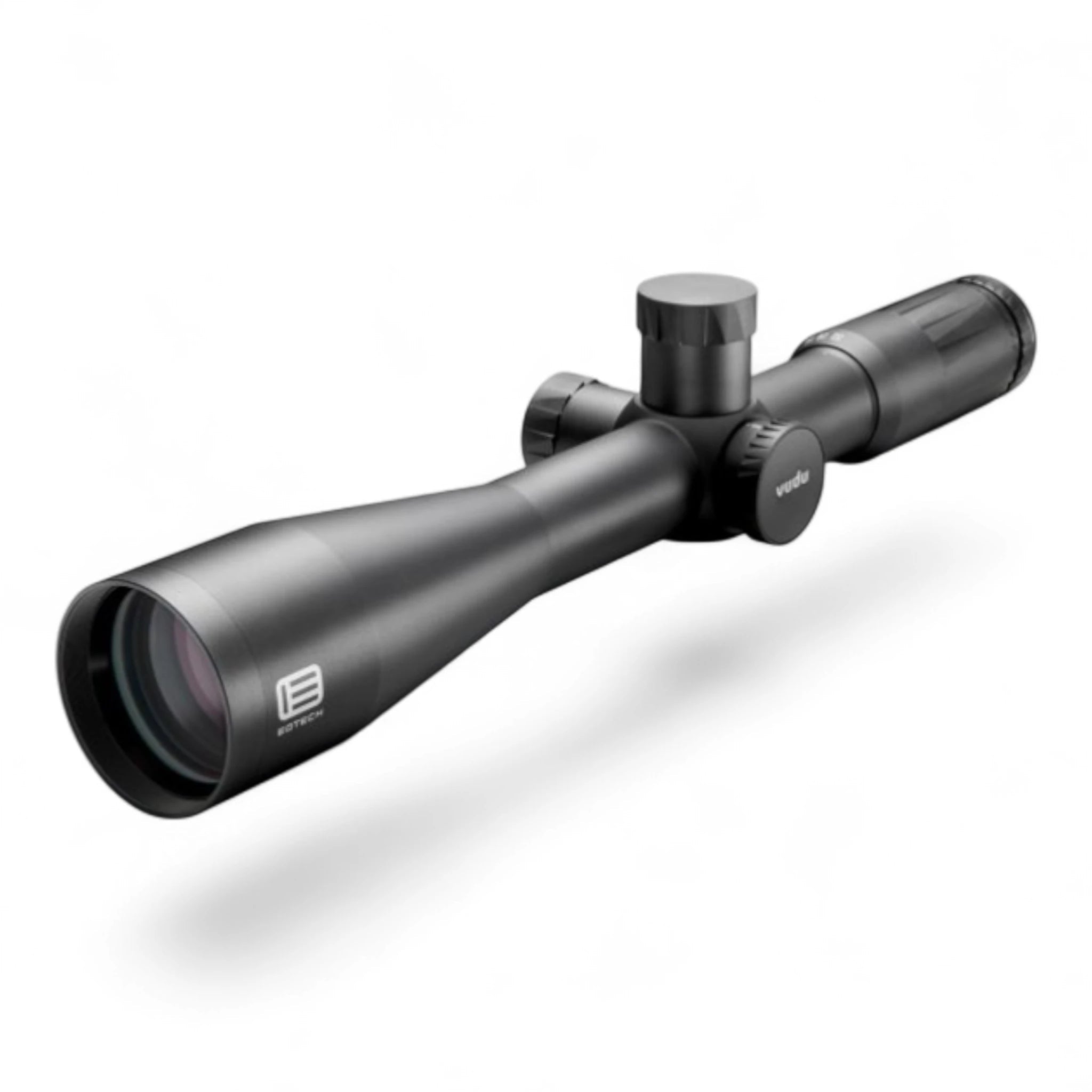 Schwarzes EOTECH Vudu 8-32x50 SFP HC2 Zielfernrohr mit großem Objektiv, Einstelltürmen in der Mitte und mattem Finish.