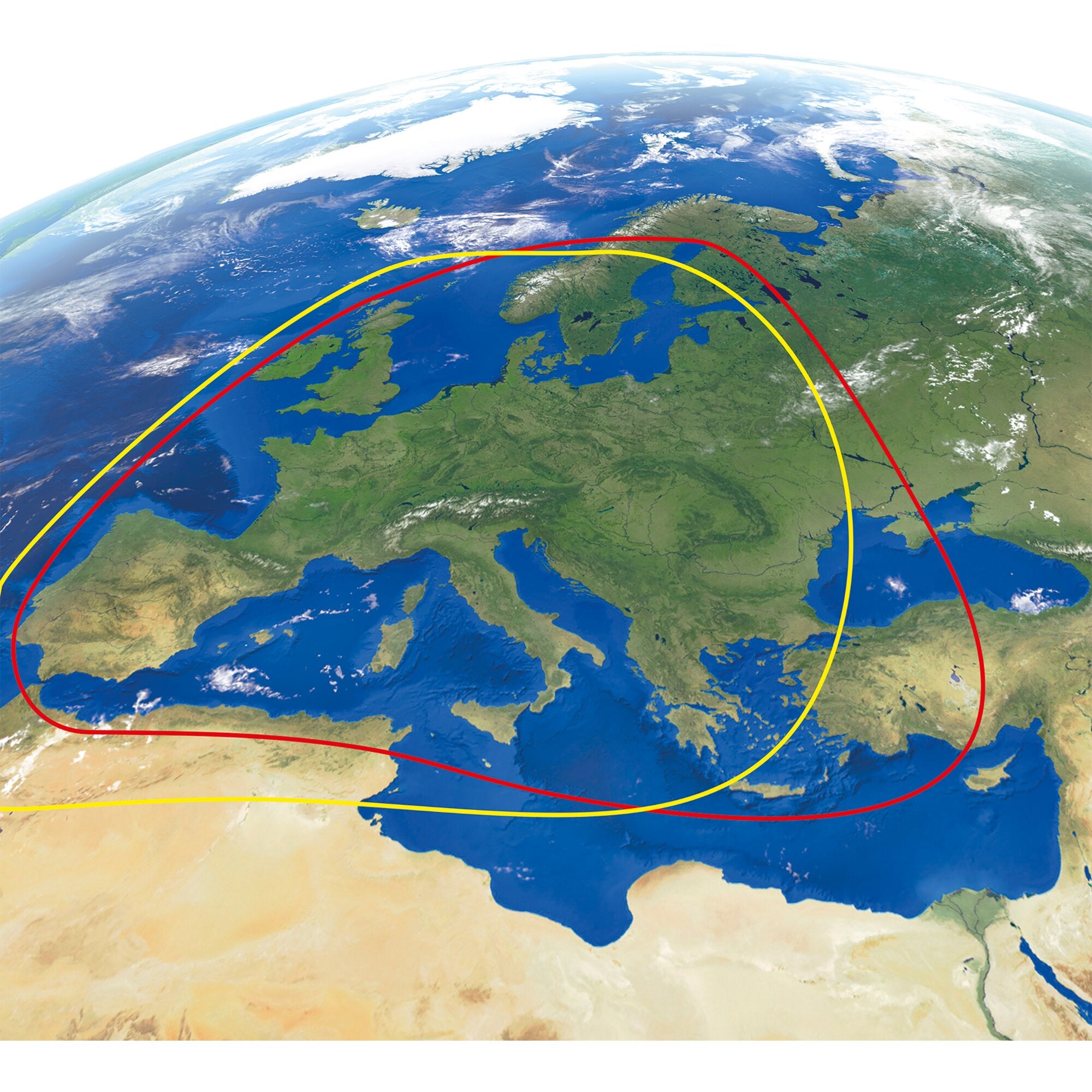 Ansicht der Erde aus dem Weltraum mit Europa und Nordafrika, blaue Meere, Wolken, sowie rote und gelbe bogenförmige Linien über Atlantik