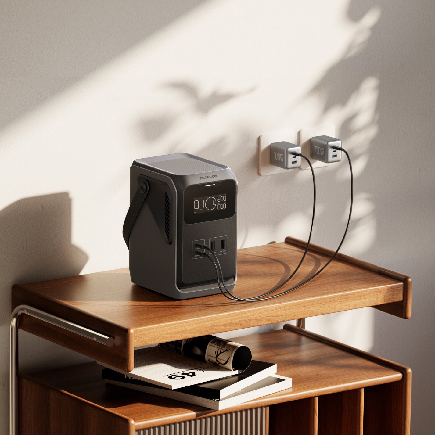 EcoFlow Powerstation Trail 200 DC auf einem Holztisch; Display sichtbar, zwei USB-Ports, Kabel zu zwei 100W-Wandadaptern