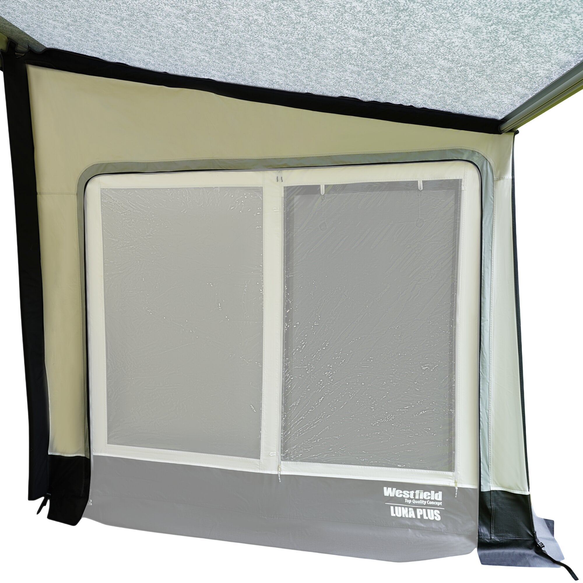 Linke Verandrahmen-Seitenwand Luna Plus, beige Stoff mit schwarzem Rand, Fenster aus Kunststoff, Westfield LUNA PLUS