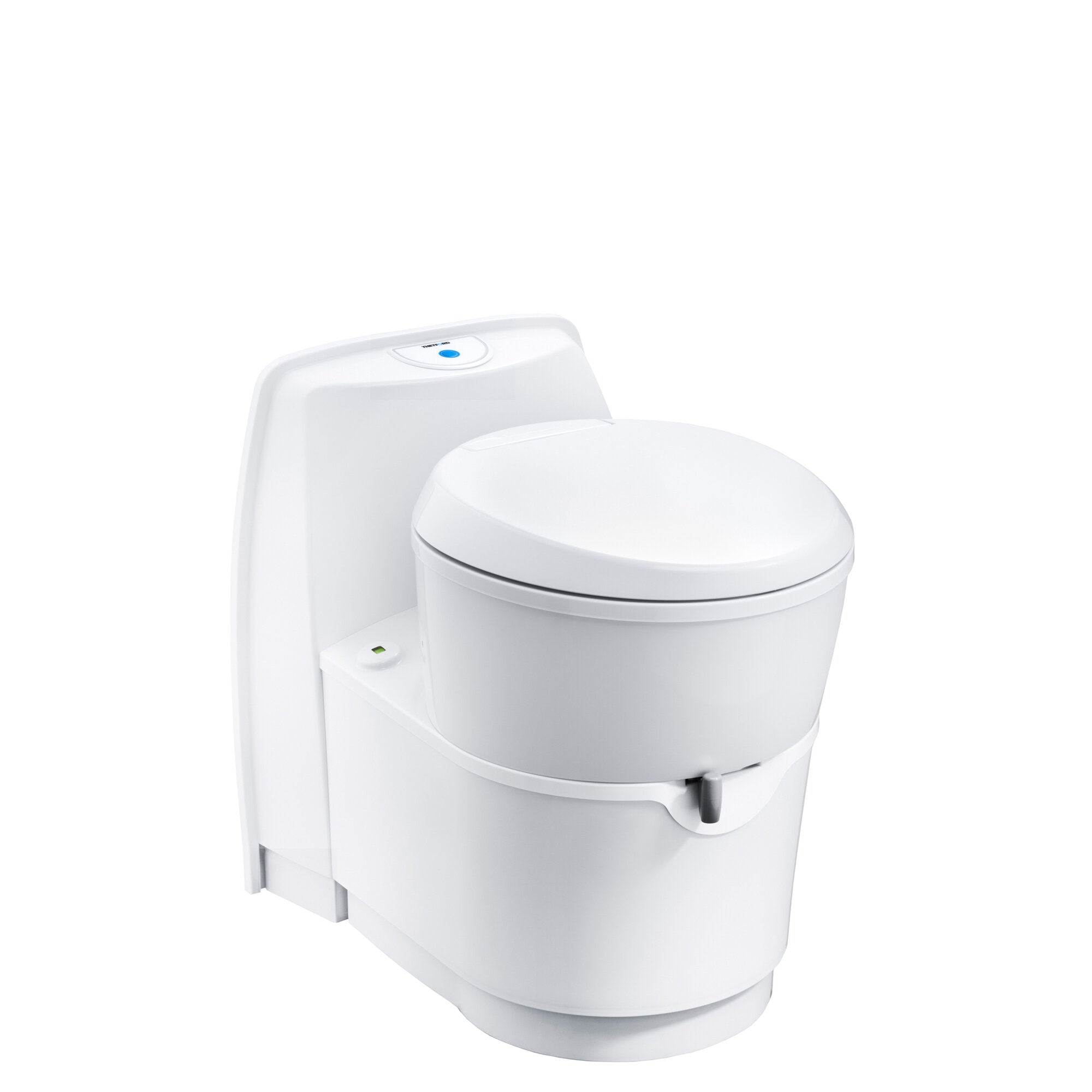 Weiße Cassettentoilette in Seitenansicht mit geschlossenem Deckel, blaue Bedieneinheit und grüne Statusanzeige am Gehäuse