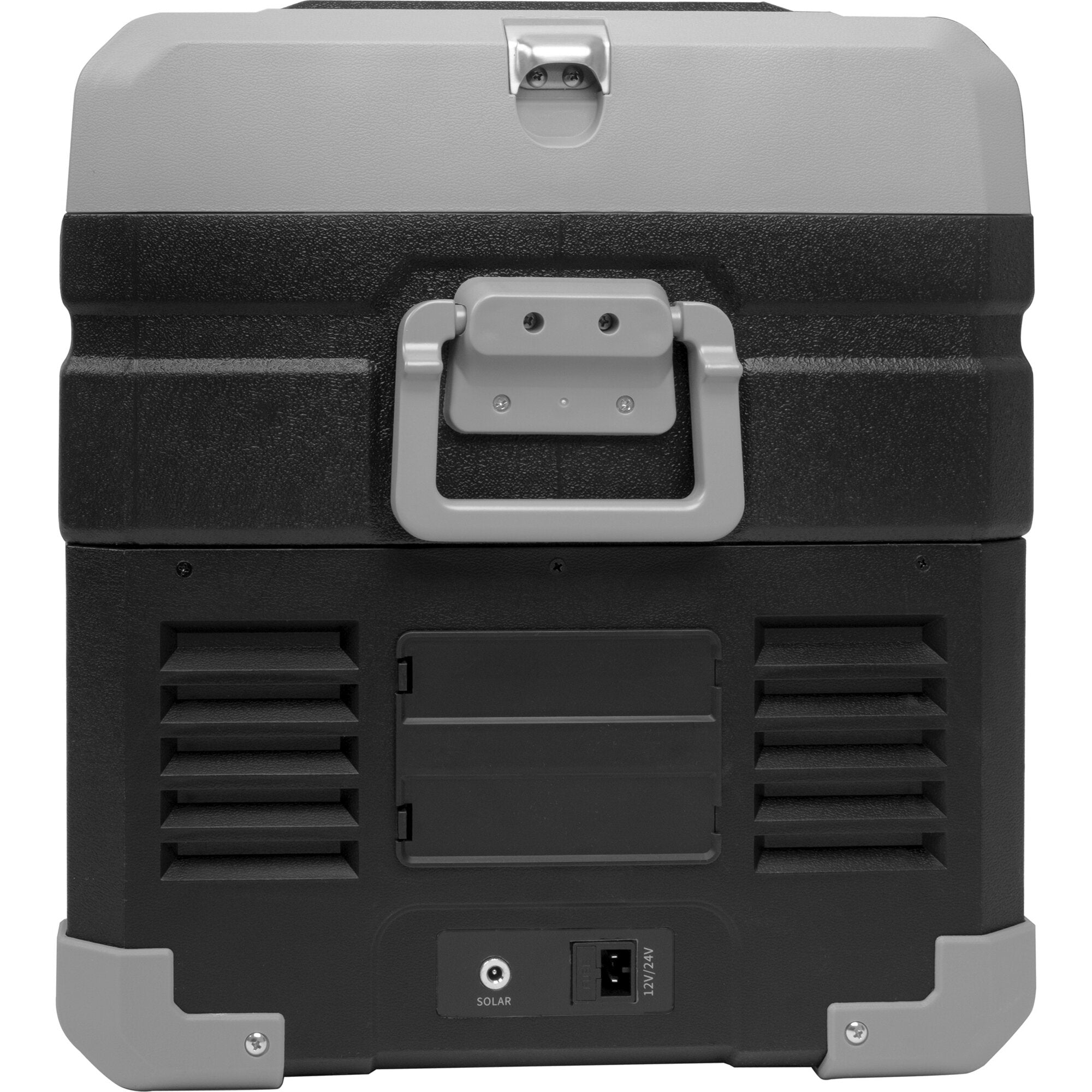 Schwarze robuste Kühlbox mit grauem Deckel und Tragegriff; Sichtbarer Verschluss und Anschlussplatte mit SOLAR- sowie 12V/24V-Buchse