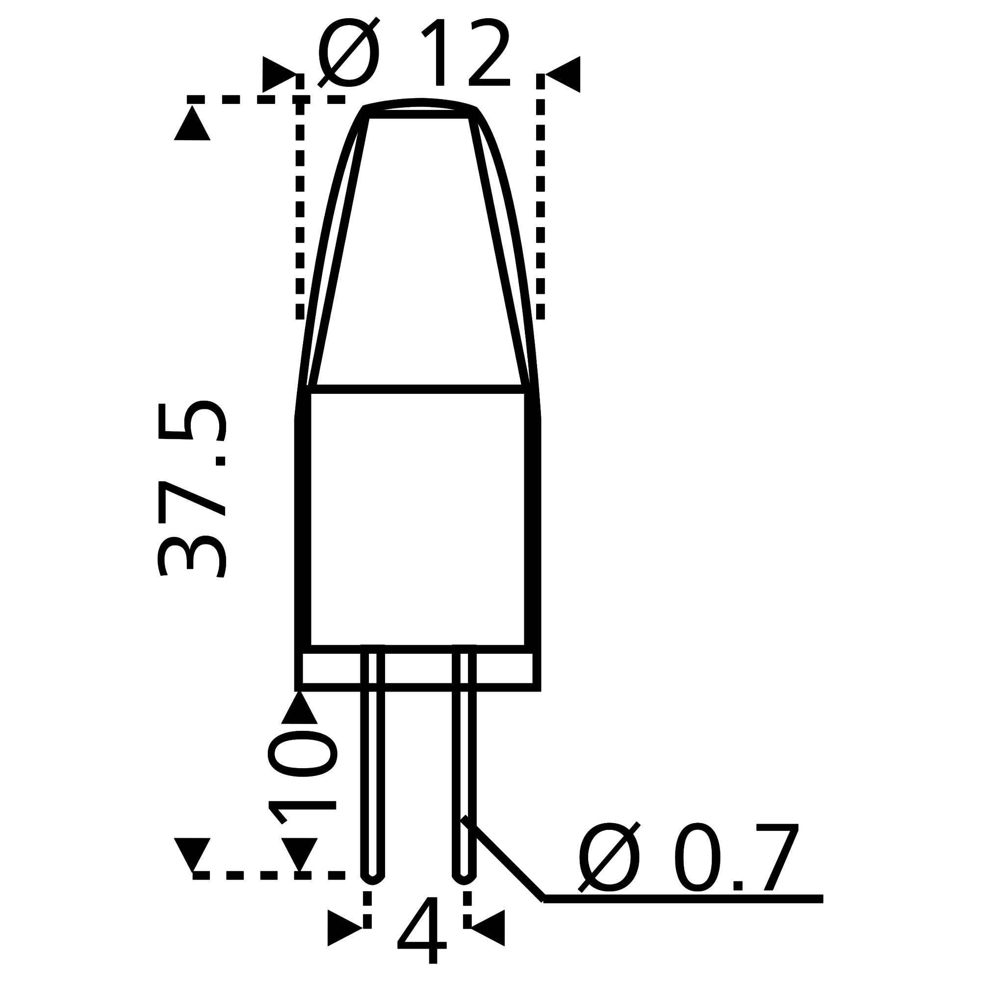 Technische Zeichnung eines G4-LED-Leuchtmittels mit zylindrischer Kapselform und zwei Kontaktstiften unten; Durchmesser Ø12 mm ist sichtbar