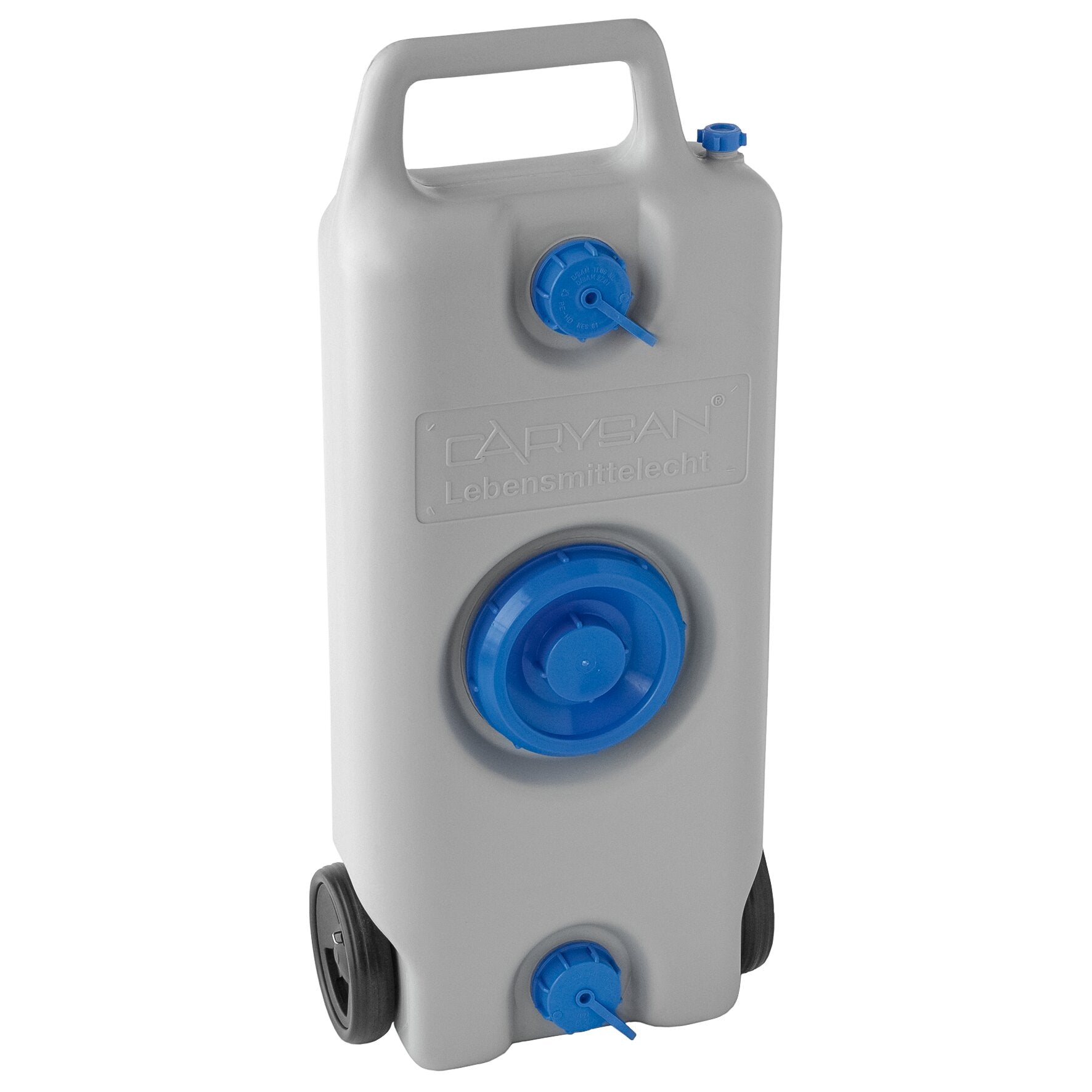 Grauer Kunststoffkanister mit integrierter Obergrifföffnung, blaue Schraubkappen vorne und oben, Prägung Carysan Lebensmittelecht, auf Rädern