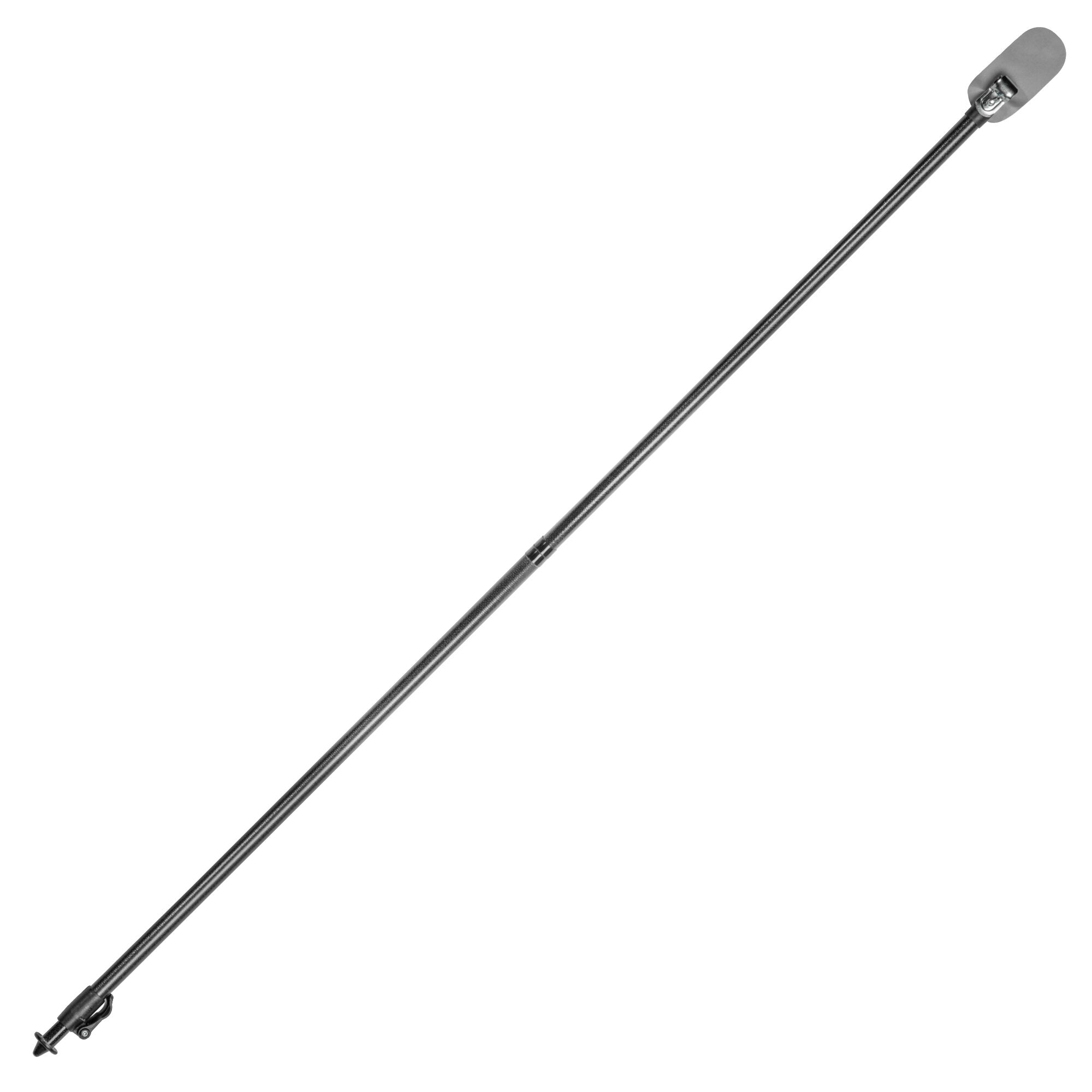 Diagonal verlaufende, lange Metallstange einer Orkanstütze mit grauem ovalem Fuß am oberen Ende und Klemmverschluss am unteren Abschnitt