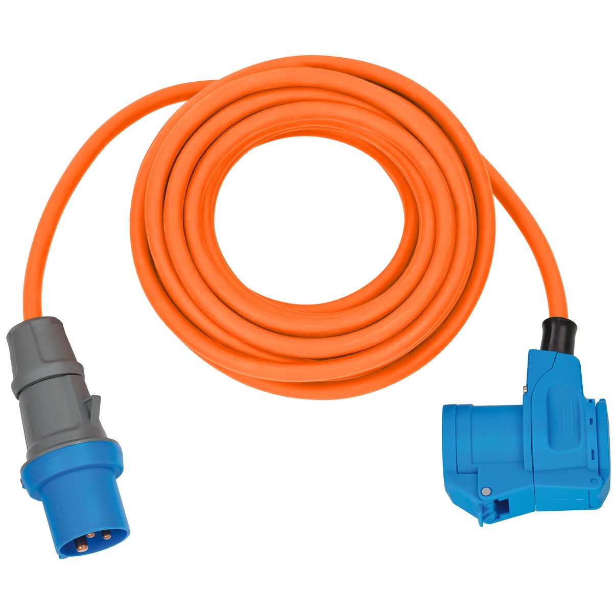 Aufgerolltes oranges Camping-Verlängerungskabel mit blauem CEE/Schuko-Steckerpaar, linker grauer Steckerkopf, rechter blauer Steckerkopf
