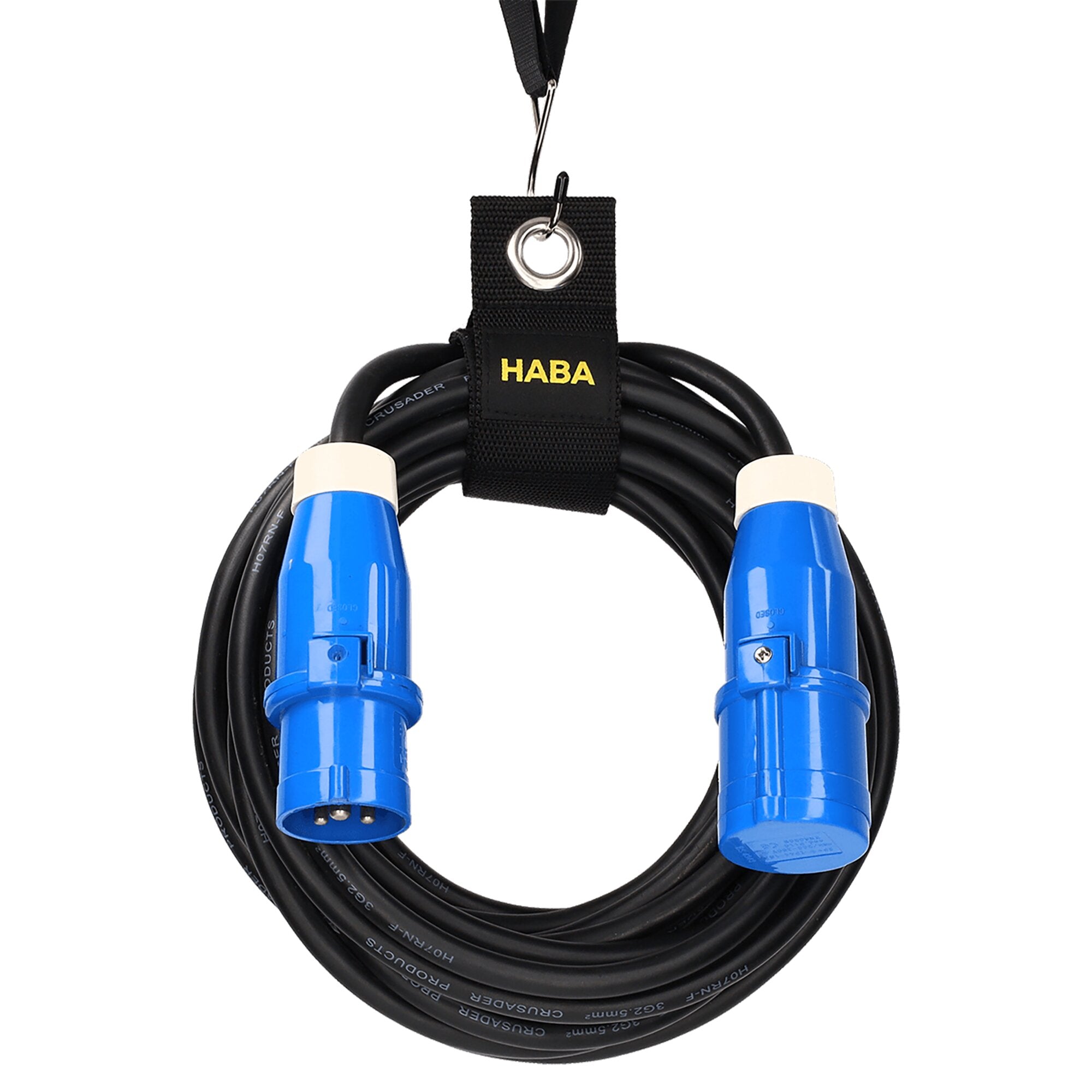 Detailansicht eines FlexiCord Loop Kabelband mit Ringöse: schwarzes Gewebeband, silberner Ring, Schlaufe am Ring, Kabel mit blauen Steckern, HABA-Logo