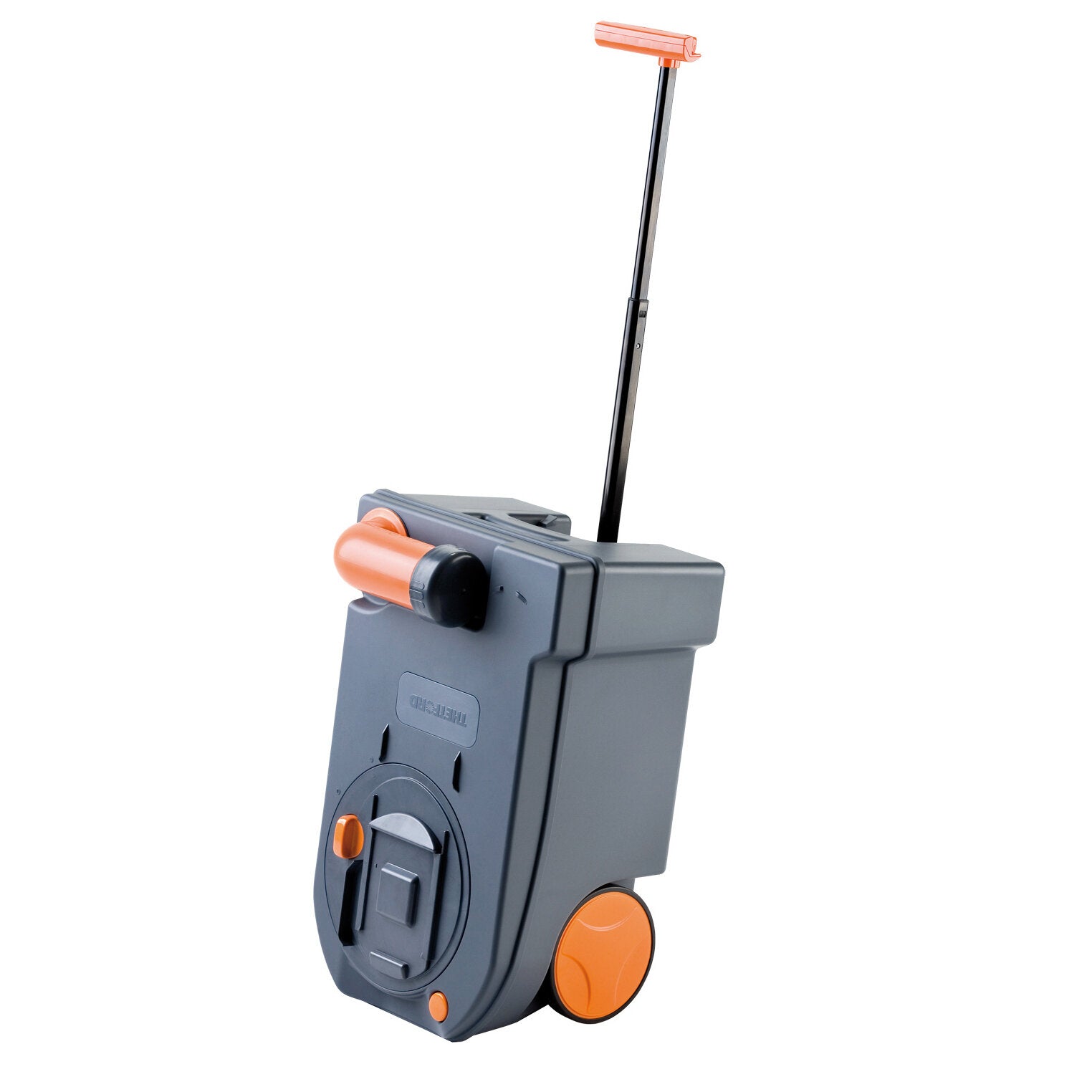Fäkalientank C250/C260 aus grauem Kunststoff mit ausziehbarer Stange und orangefarbenem Griff; sichtbare Bedienelemente und Rad