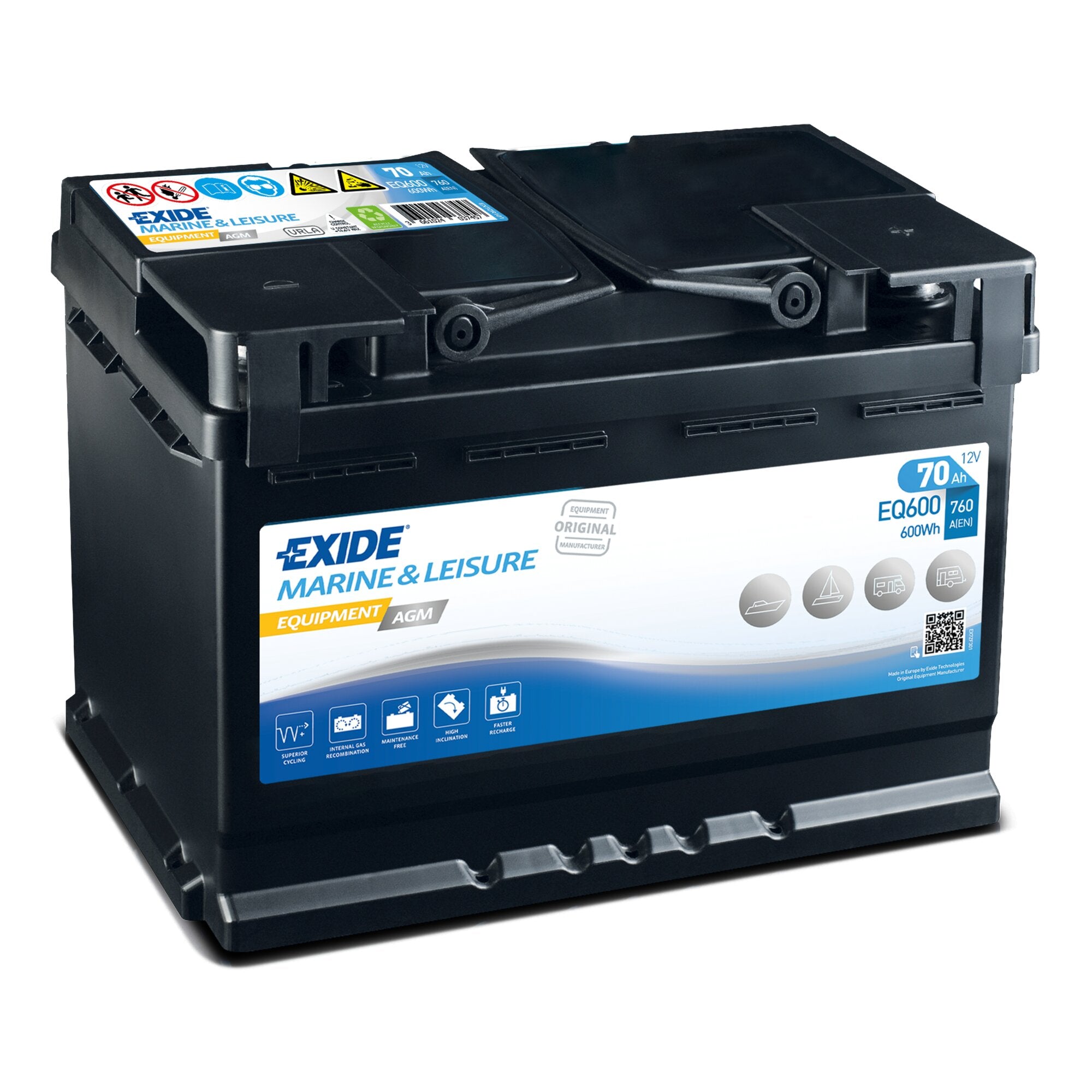 Schwarze AGM-Batterie in Kunststoffgehäuse mit Etikett Exide Marine & Leisure, 70 Ah, 12 V, Warnsymbole und QR-Code sichtbar