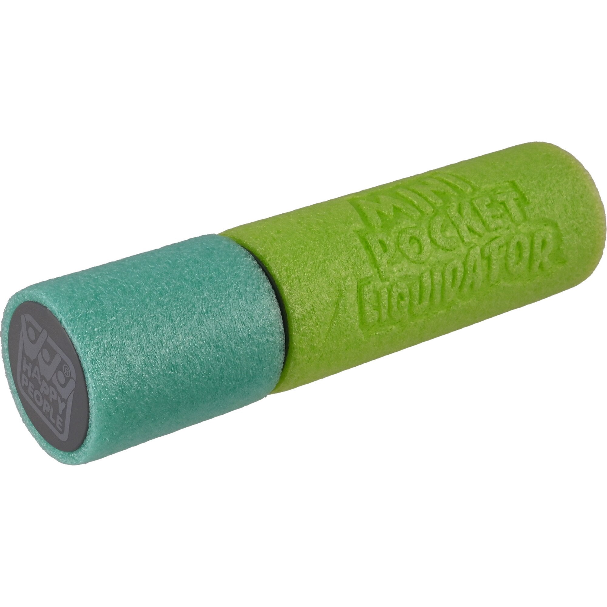 Nahaufnahme einer farbigen Mini-Wasserkanone aus Schaumstoff in grün und türkis, mit gerilltem Griff und grauer Endkappe mit Logo
