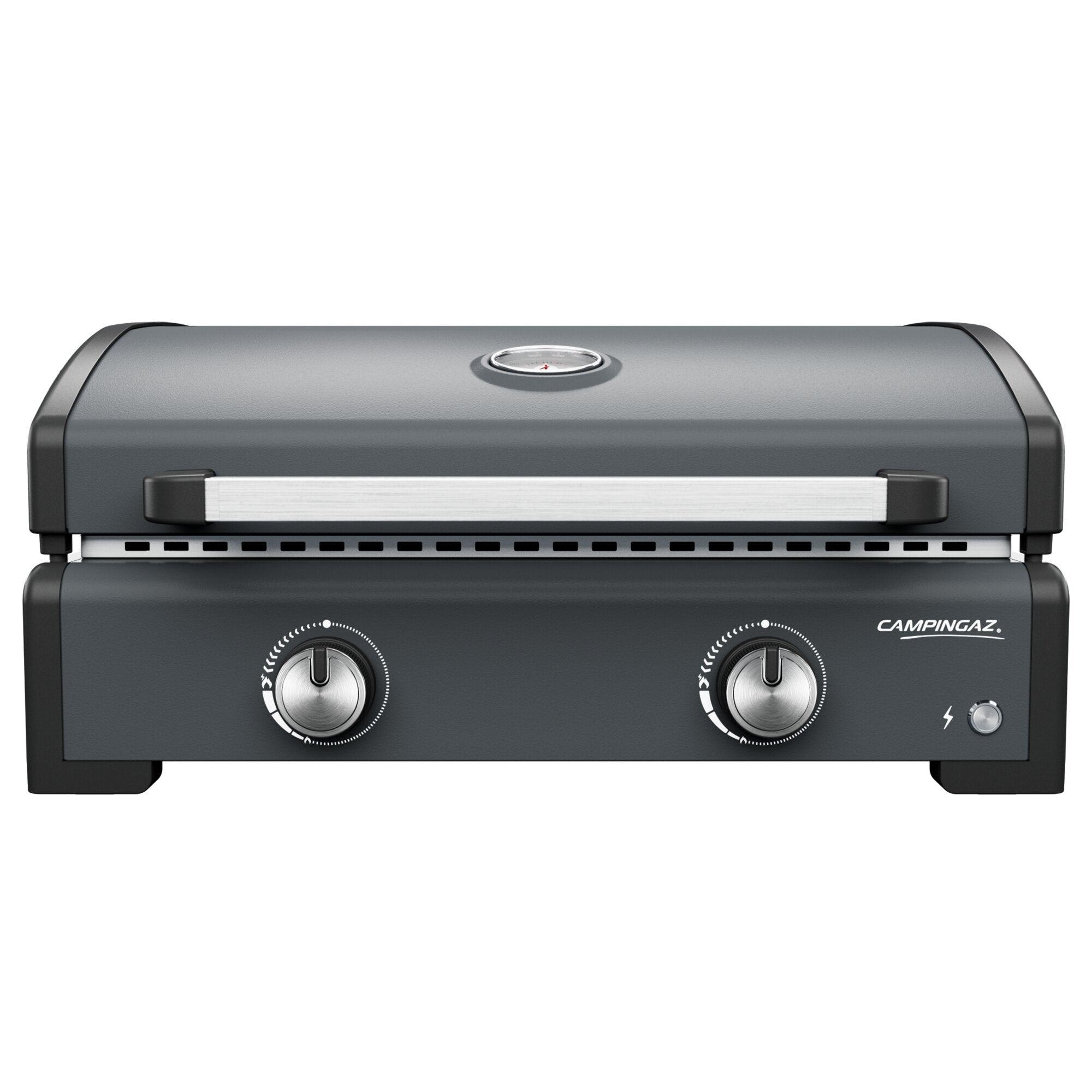 Gasgrill in dunkelgrau mit Deckelthermometer, vorderes Bedienpanel mit zwei runden Edelstahl-Drehknöpfen, Griffleiste und Campingaz-Logo