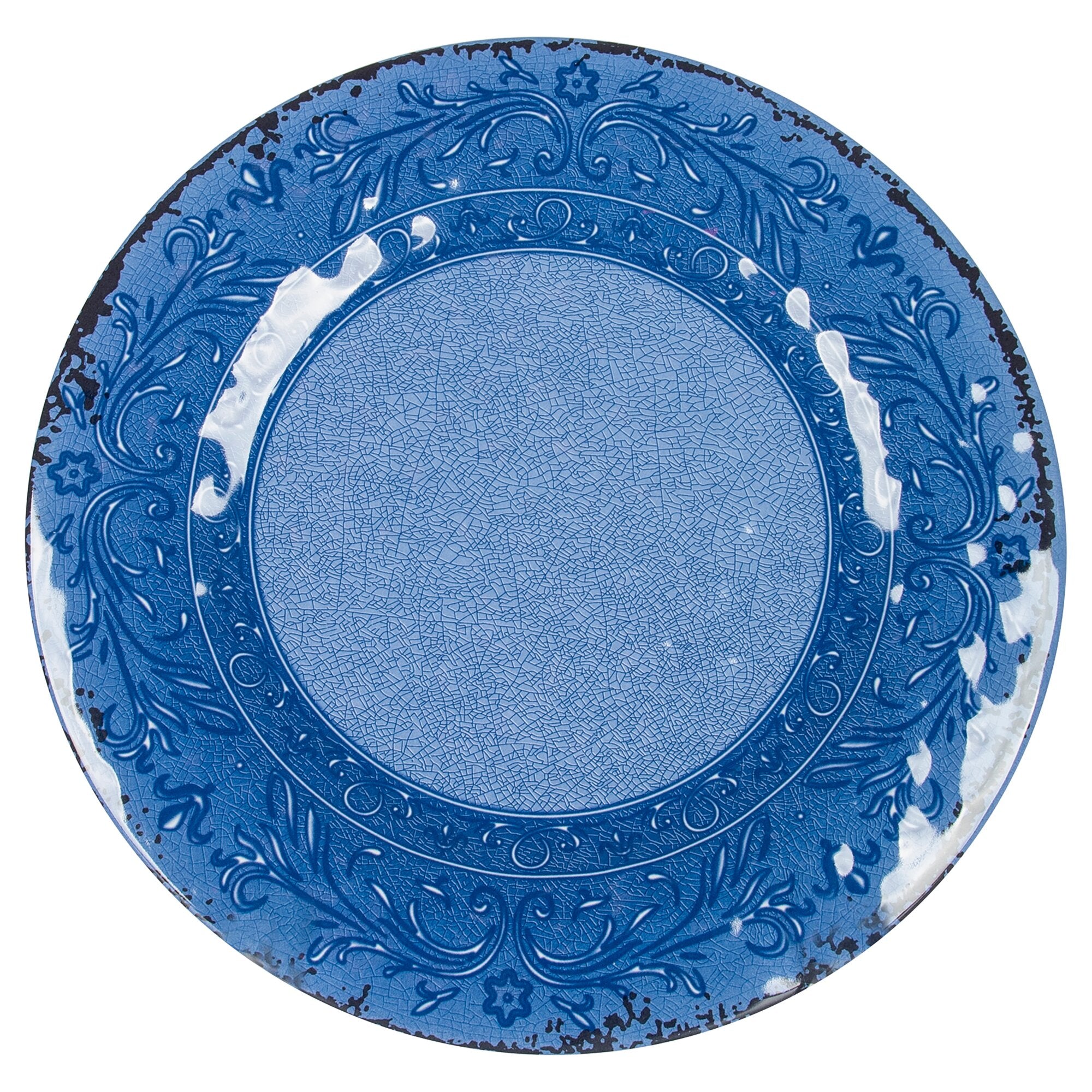 Azurblauer Stone Line Teller mit aufwendig ornamentiertem Rand und Crackle-Glasur, runde Form, Nahaufnahme