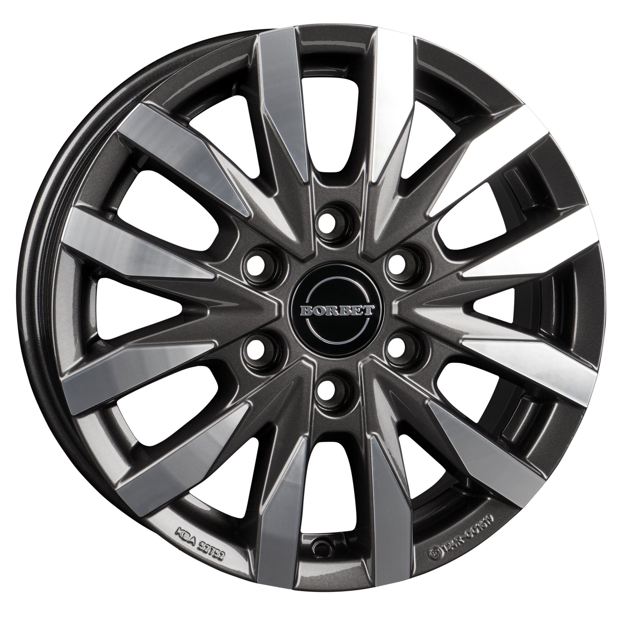 Aluminiumfelge CW6 von Borbet in mistral anthracite polished glossy, Nahaufnahme einer dunklen Felge mit polierten Akzenten und BORBET-Zentraldeckel