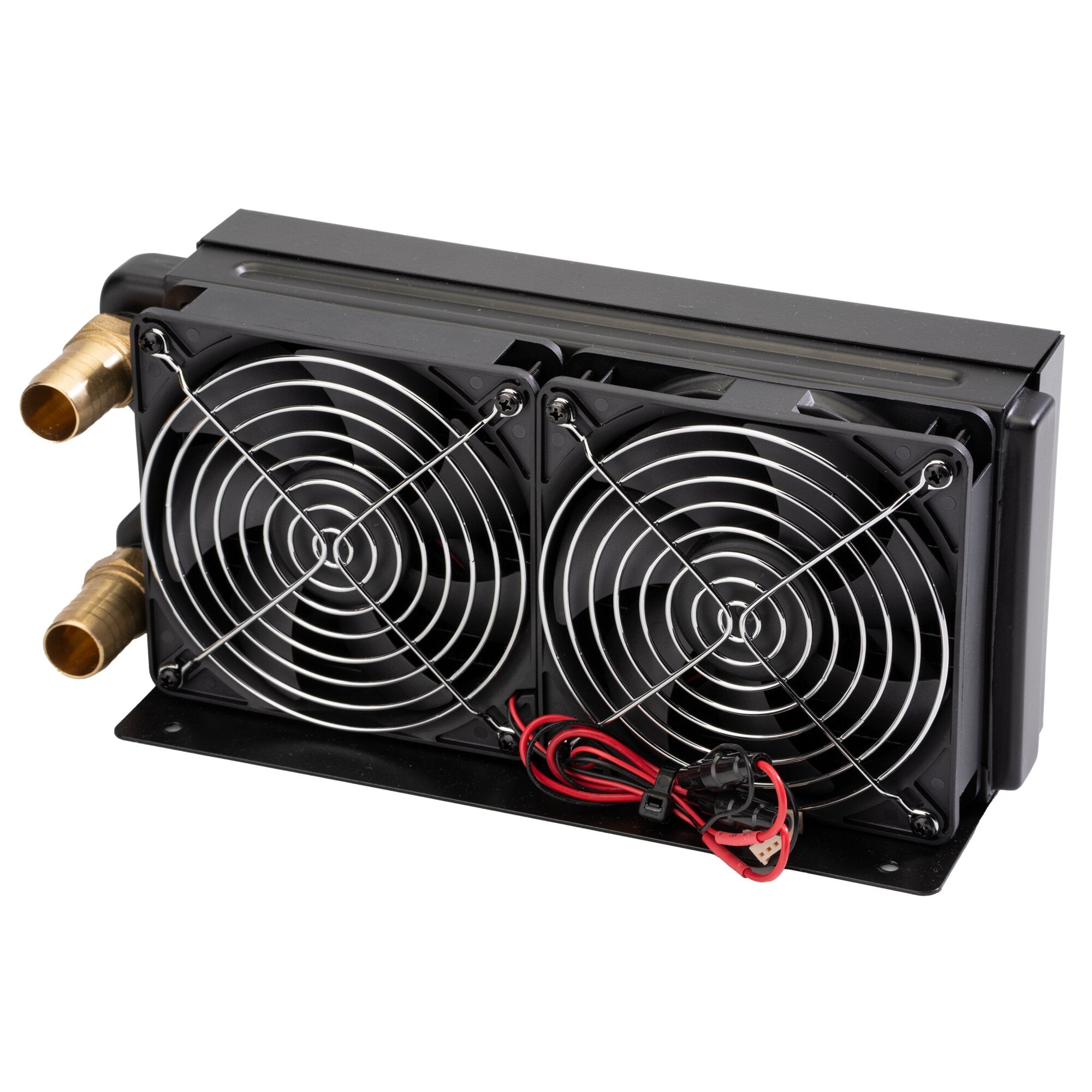 Booster CHX Kühlungseinheit mit zwei Ventilatoren hinter Schutzgitter, schwarzes Gehäuse, seitlich Messingrohranschluss und rot-schwarze Kabel