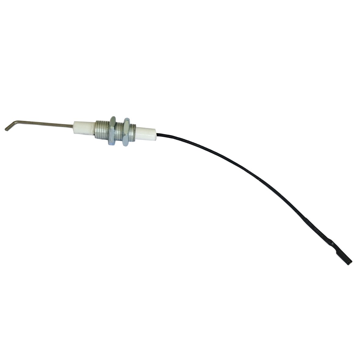 Zündkerze mit Kabel für Hockerkocher, Metallgewinde, weißer Keramik-Isolator und schwarzes Anschlusskabel