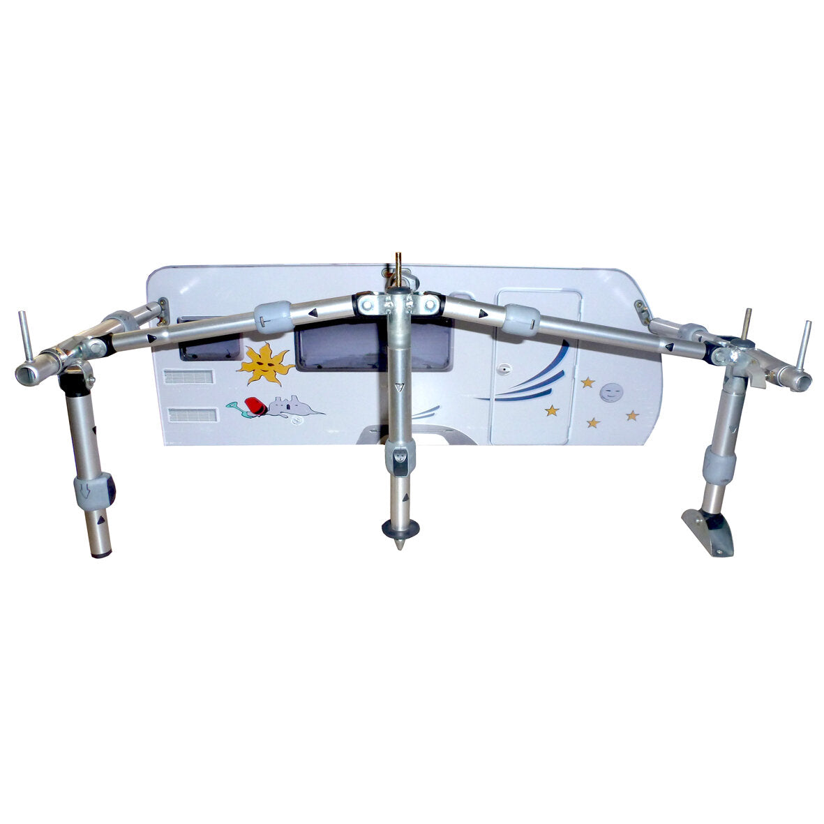 Aufstellstab easysystem aus Metall mit verstellbaren Gelenken, Durchmesser 28 mm, montiert an der Rückseite eines Wohnwagens, zentrale Stütze sichtbar