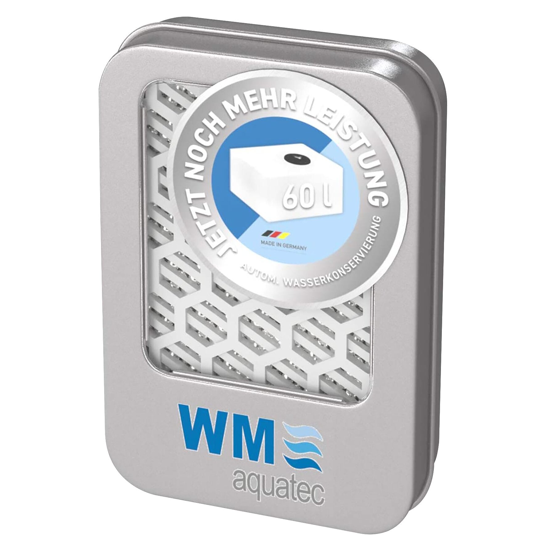 Silbernes Gehäuse eines Wasserkonservierungsgeräts mit rundem Emblem, auf dem 60 l steht; Vorderseite mit Gittermuster und WM Aquatec-Logo