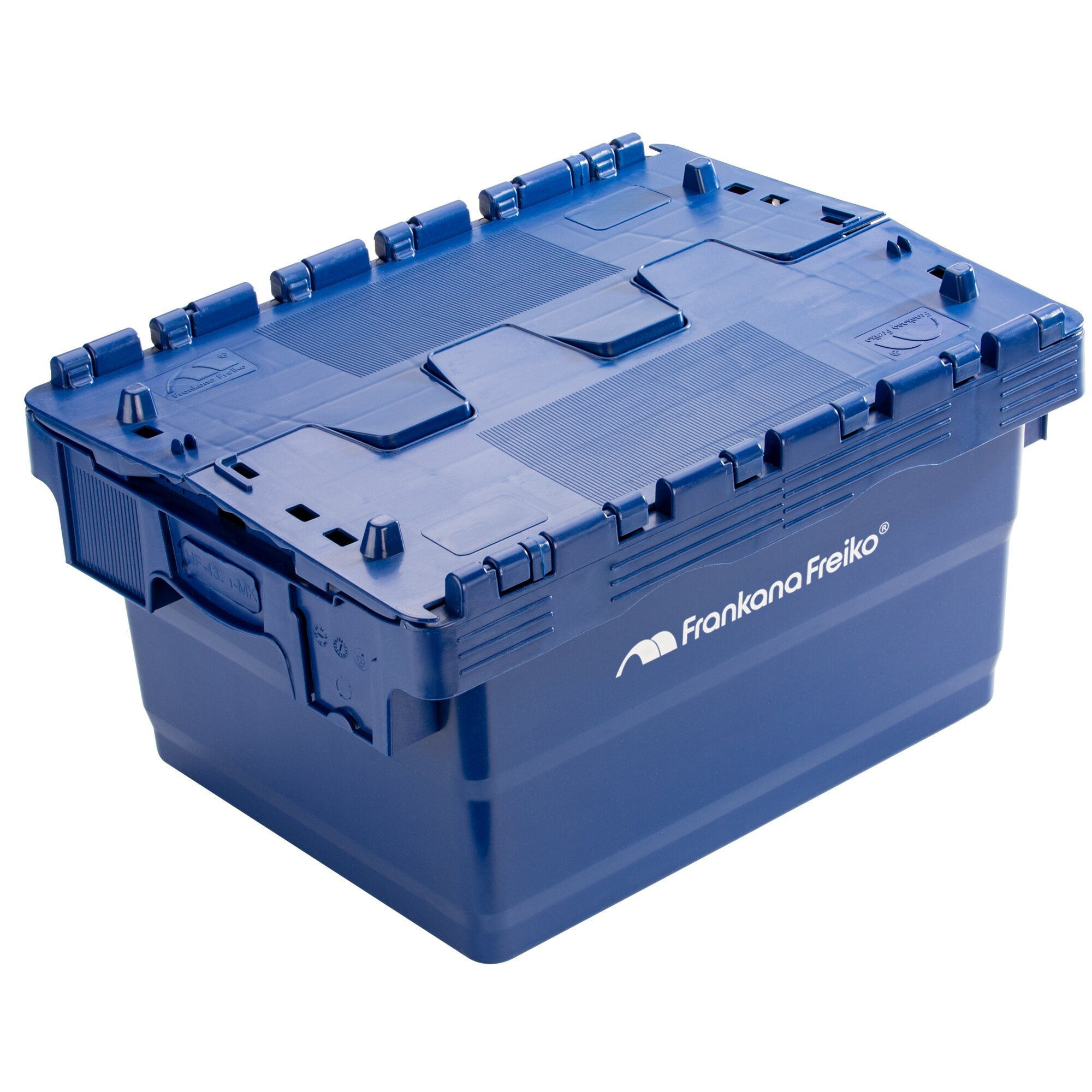 Blaue Kunststoff-Transportbox FF mit Deckel, mehrere Verriegelungsklips am Rand, seitlich Franka Freiko Logo sichtbar, Kapazität 21 l